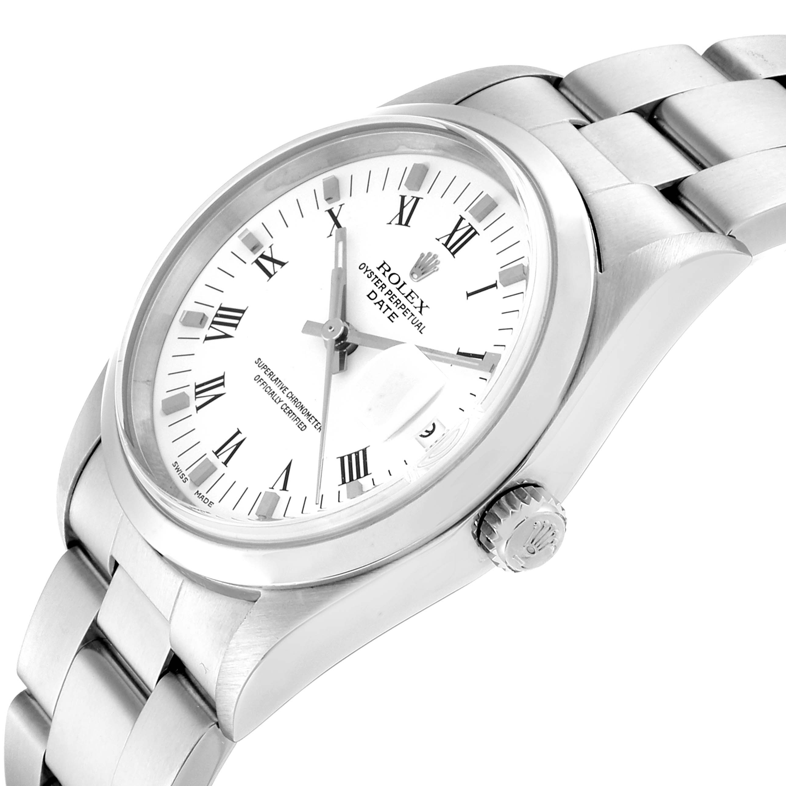 The image shows a side angle of a Rolex Date 15200 Men's Stainless Steel White Dial 15200 Men's Stainless Steel White Dial model watch, highlighting its face, crown, and bracelet.