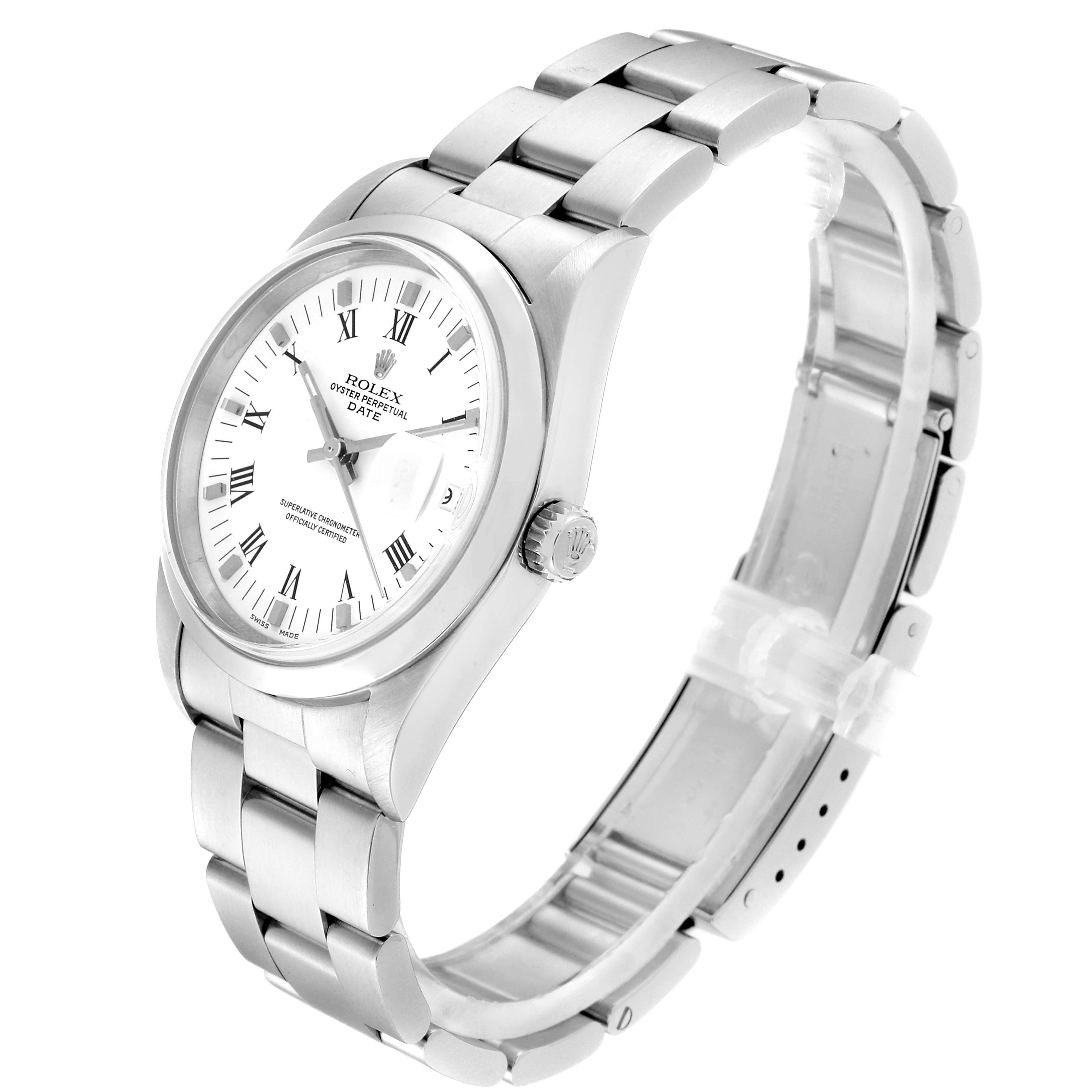 The image shows a side angle view of a Rolex Date 15200 Men's Stainless Steel White Dial 15200 Men's Stainless Steel White Dial model watch, highlighting the face, bezel, crown, and bracelet.
