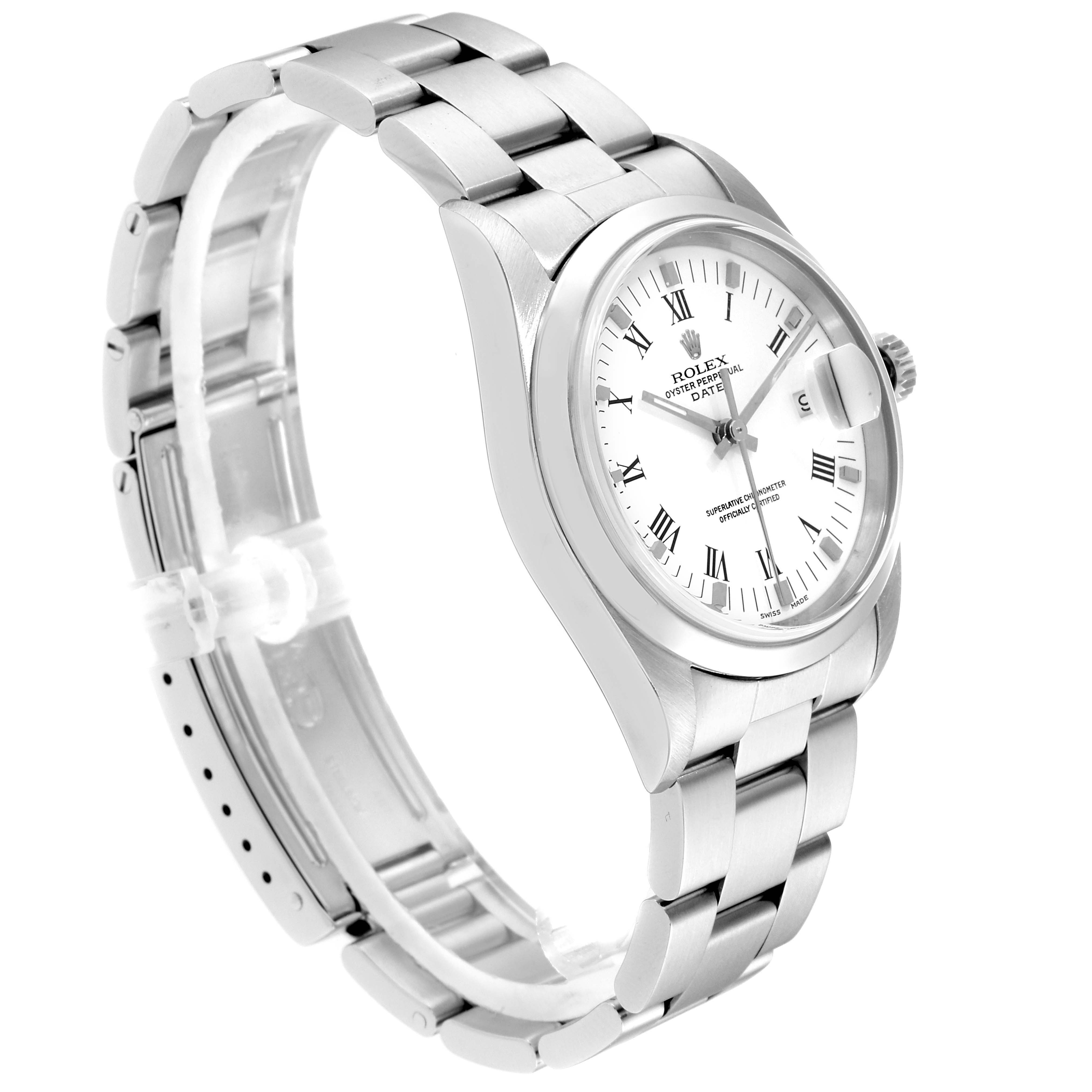 The image shows a side angle of a Rolex Date 15200 Men's Stainless Steel White Dial 15200 Men's Stainless Steel White Dial model watch, highlighting its bracelet, clasp, dial, and crown.