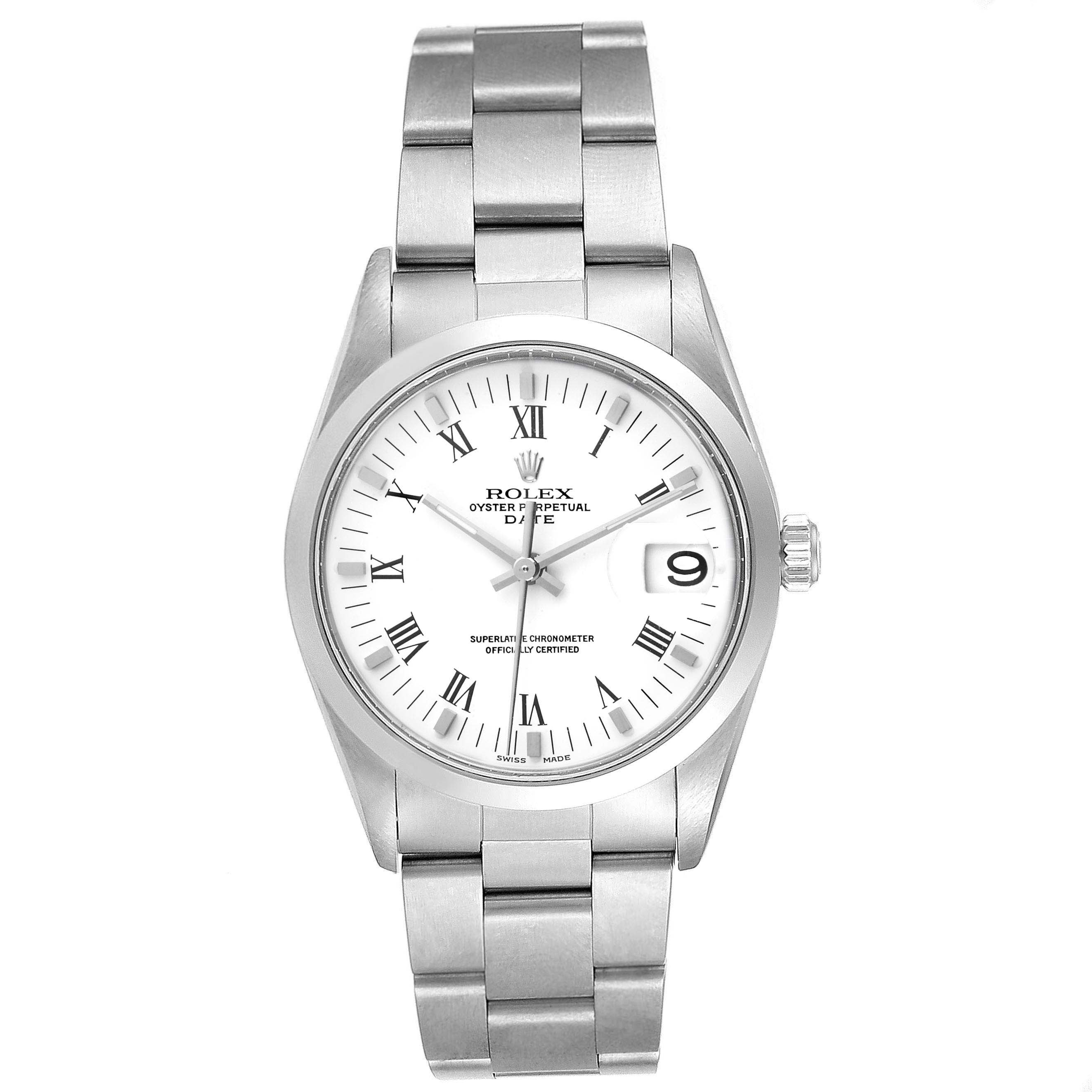 The image shows a front view of the Rolex Oyster Perpetual Date, displaying its dial, bracelet, and date window.