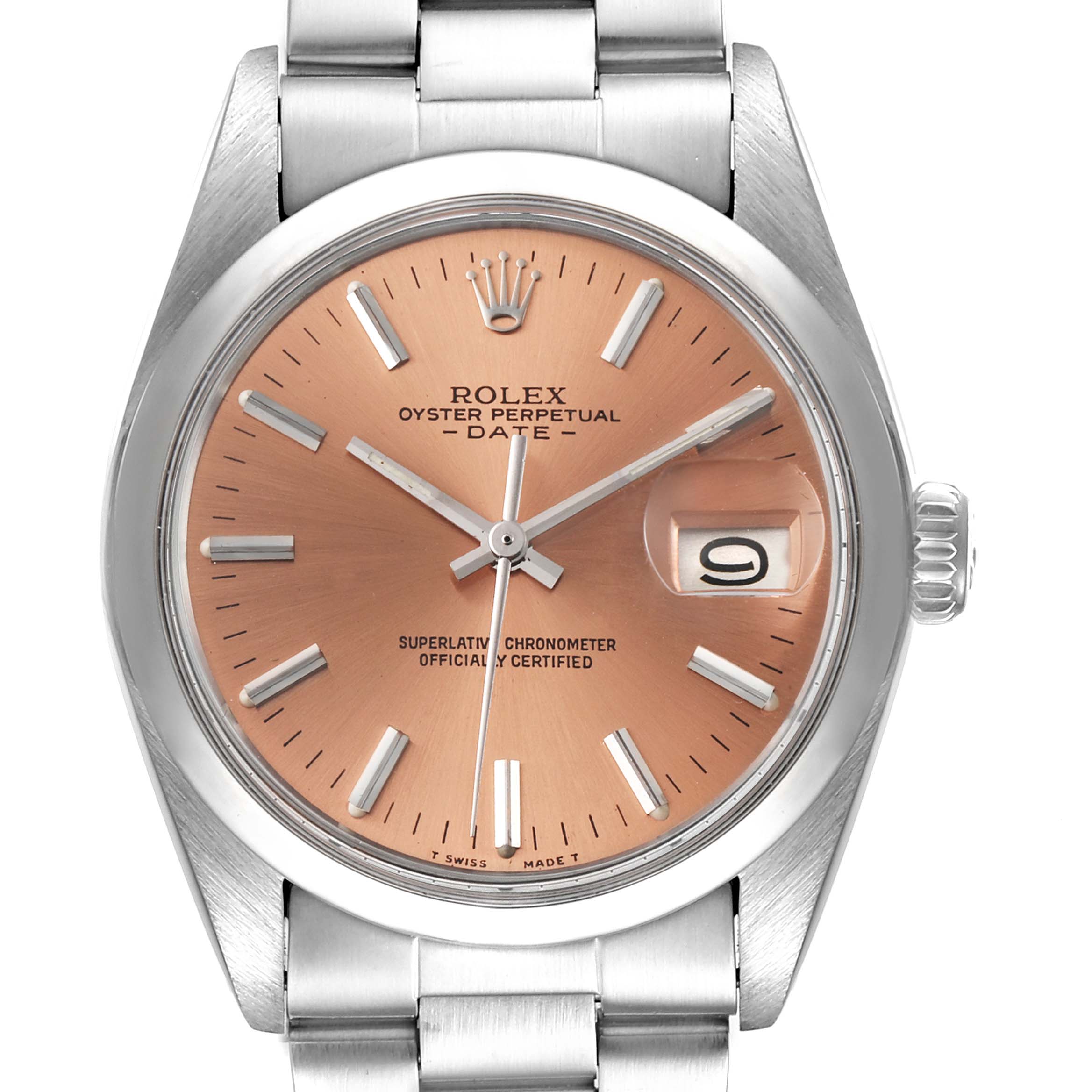 This image shows a frontal view of the Rolex Vintage Collection 1500 Men's Stainless Steel Brown Dial 1500 Men's Stainless Steel Brown Dial model, highlighting the dial, hands, crown, and part of the bracelet.