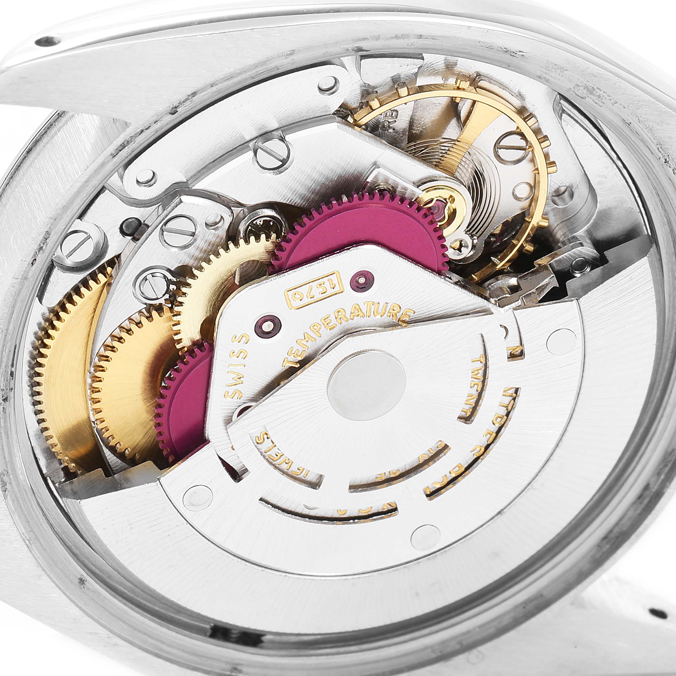 The image shows the movement and internal gears of the Rolex Vintage Collection 1500 Men's Stainless Steel Brown Dial 1500 Men's Stainless Steel Brown Dial watch in close-up.