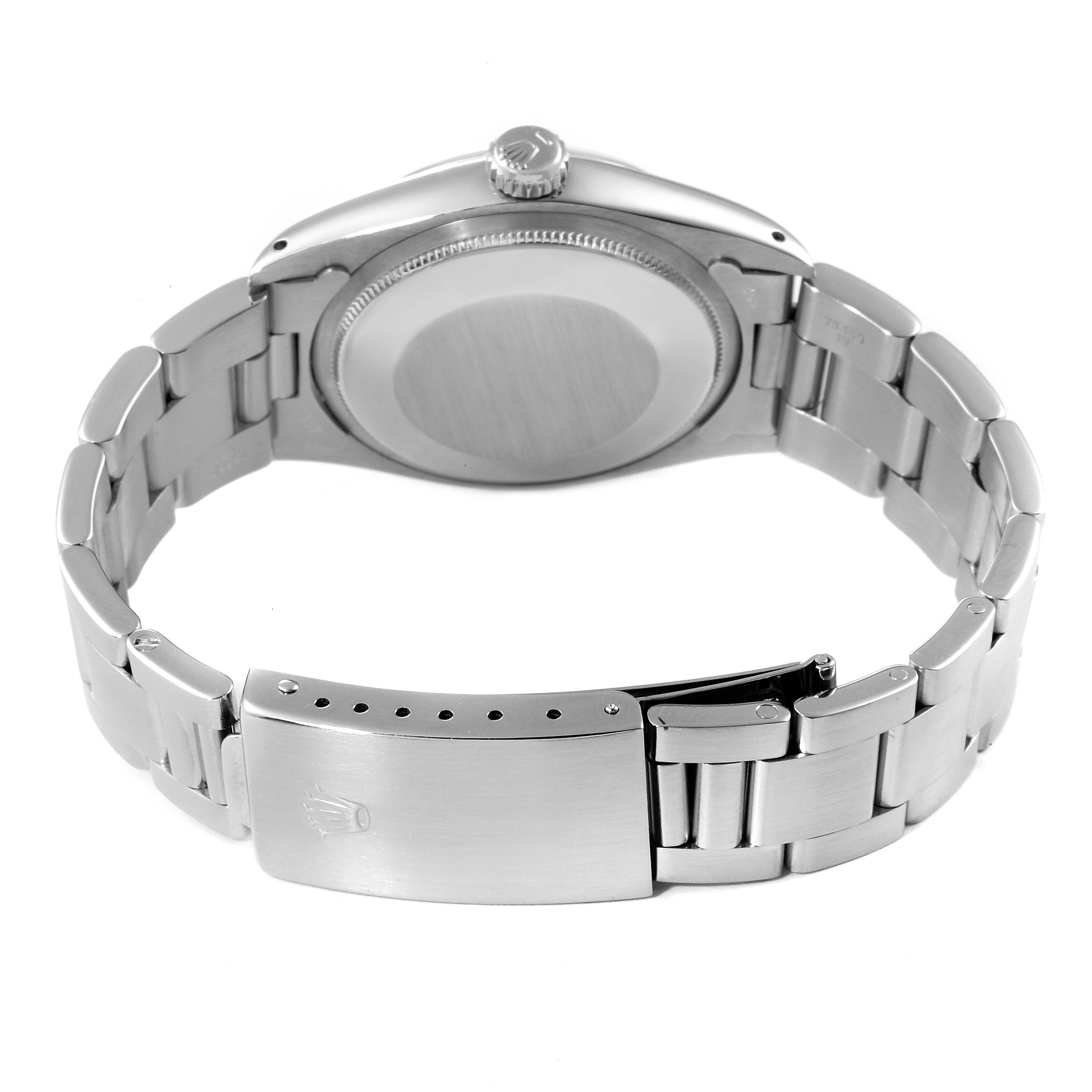 The image shows the back and bracelet of a Rolex Vintage Collection 1500 Men's Stainless Steel Brown Dial 1500 Men's Stainless Steel Brown Dial model watch from an elevated angle.