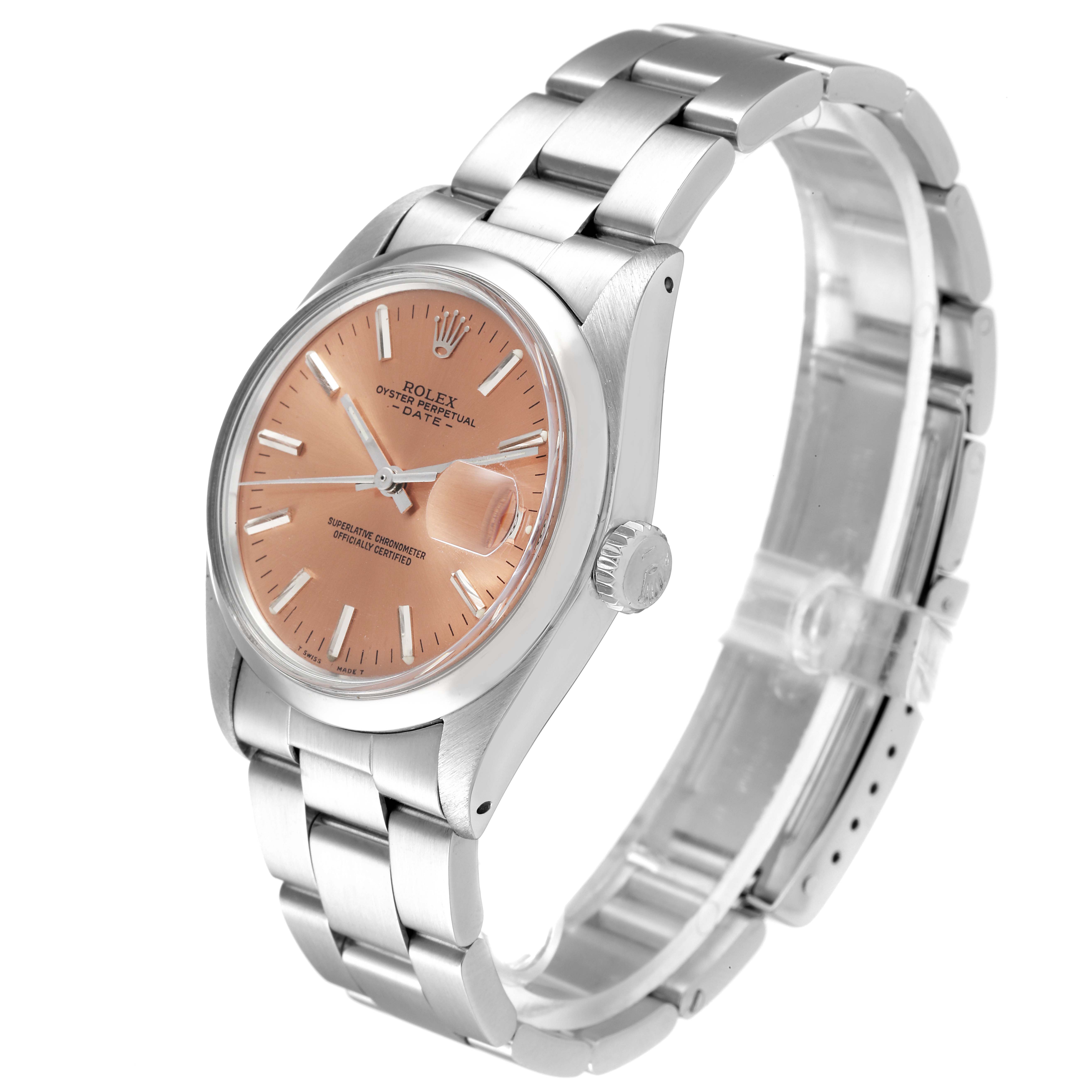 The Rolex Vintage Collection 1500 Men's Stainless Steel Brown Dial 1500 Men's Stainless Steel Brown Dial model is shown from a three-quarter angle, displaying the peach dial, bezel, and metal bracelet.