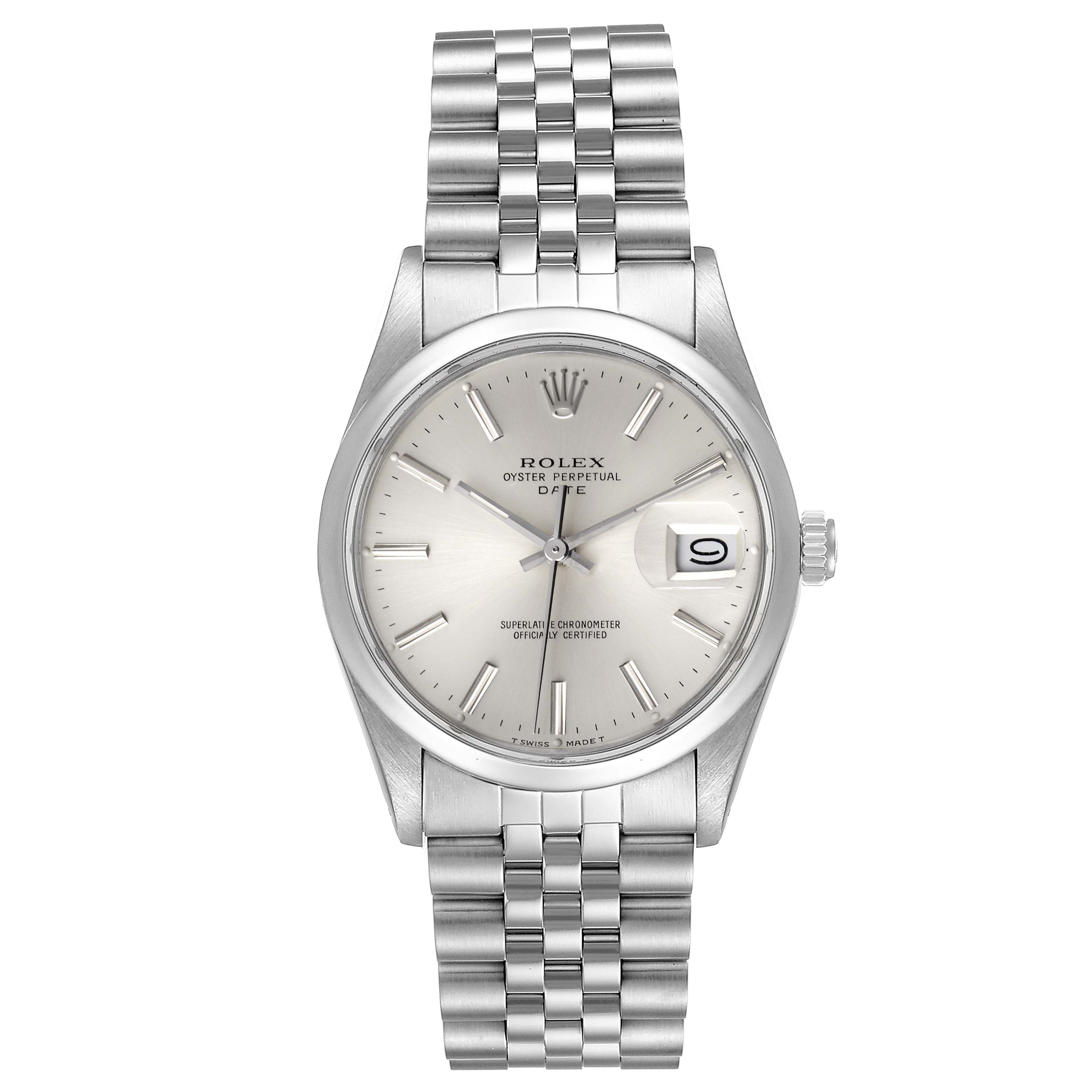 This is a frontal view of the Rolex Vintage Collection 15000 Men
s Stainless Steel Silver Dial 15000 Men
s Stainless Steel Silver Dial model, showing the face, dial, crown, and bracelet.