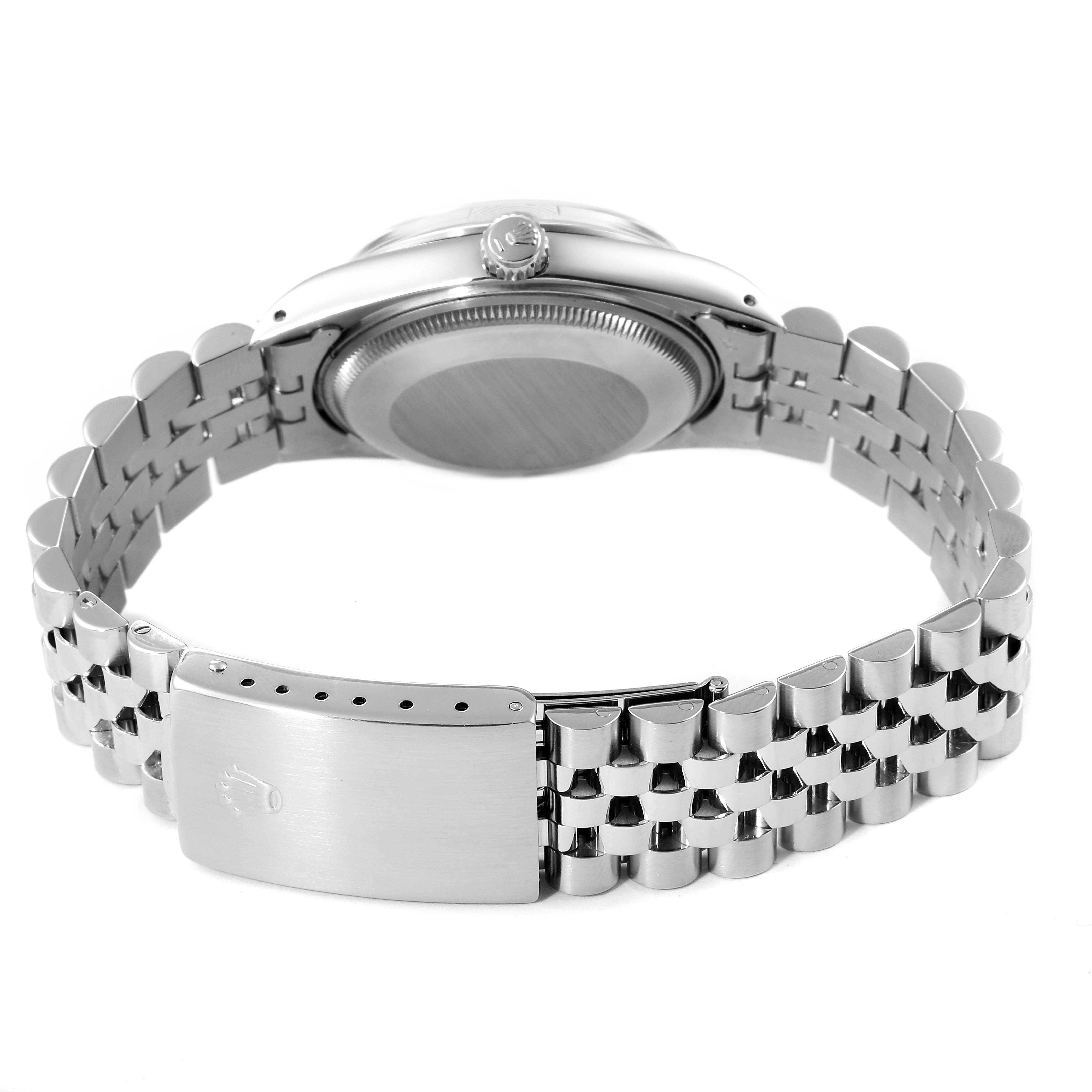 The image shows the back view of a Rolex Vintage Collection 15000 Men
s Stainless Steel Silver Dial 15000 Men
s Stainless Steel Silver Dial watch, focusing on the case back and bracelet with a deployment clasp.