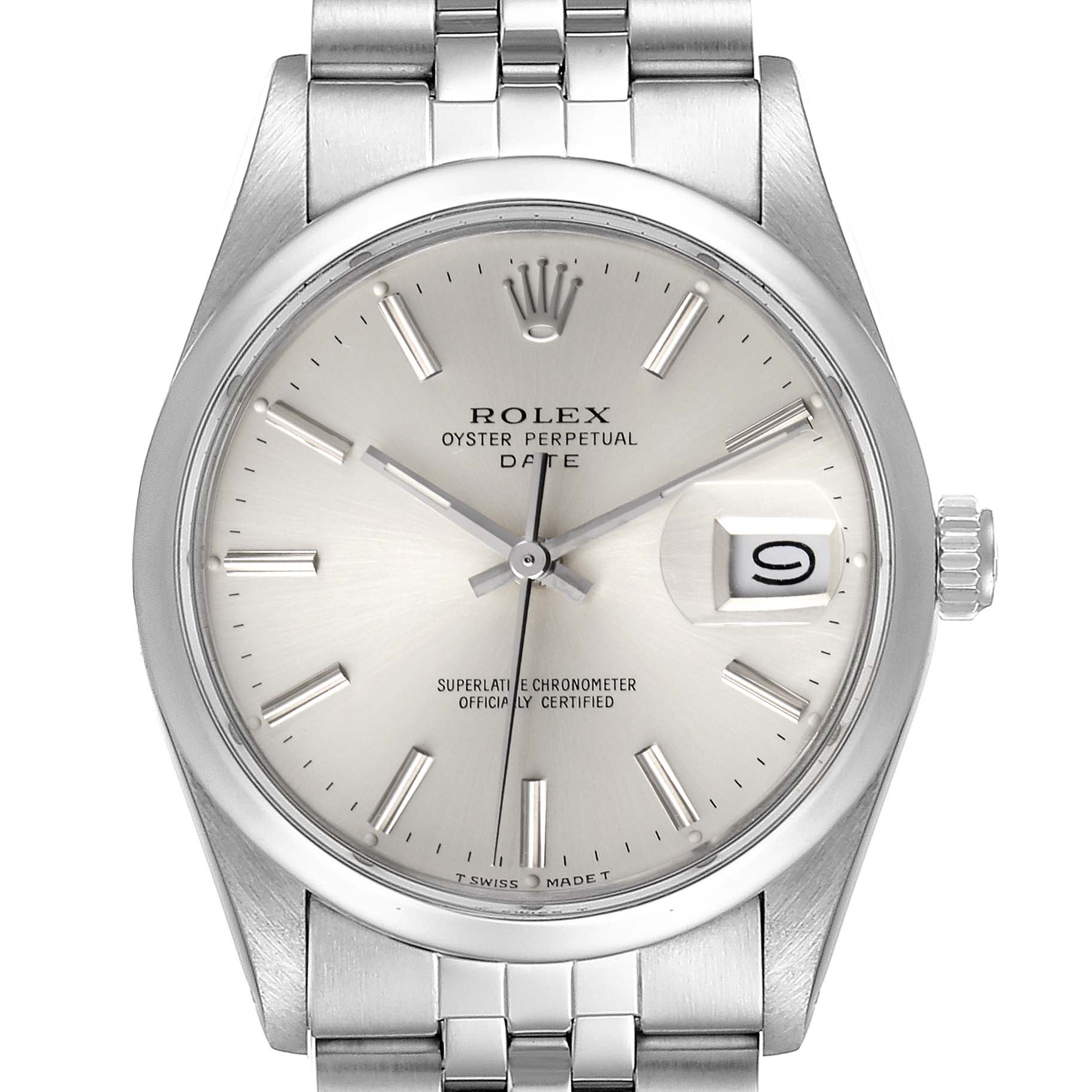 The image shows a front view of the Vintage Collection Rolex Oyster Perpetual Date watch, displaying its dial, hands, date window, and bracelet.