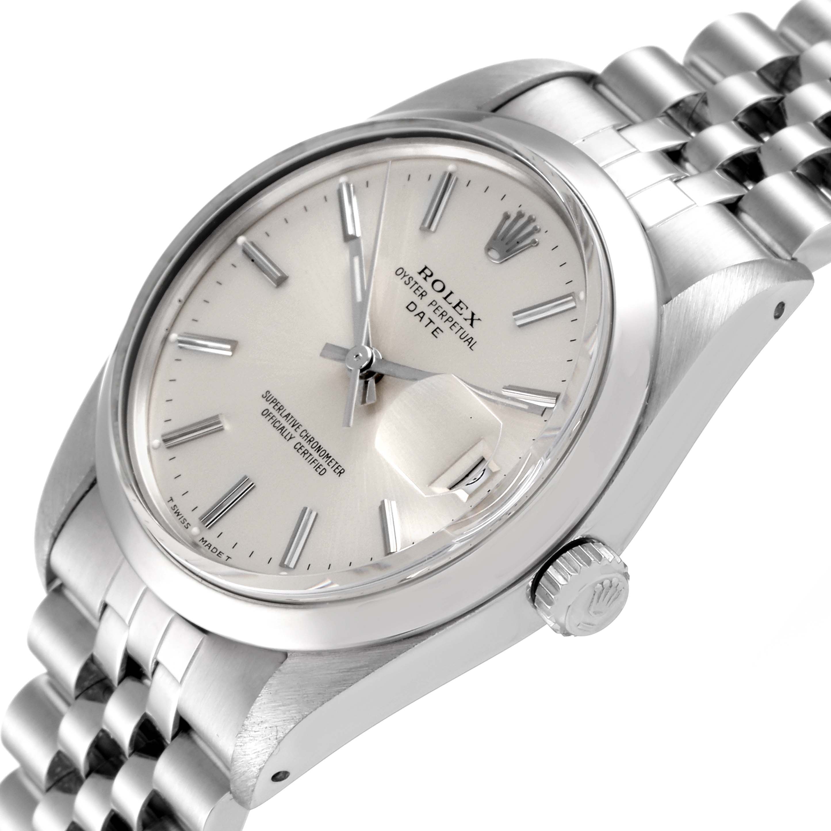 The image shows a Rolex Vintage Collection 15000 Men
s Stainless Steel Silver Dial 15000 Men
s Stainless Steel Silver Dial watch at an angle highlighting the face, crown, and part of the bracelet.