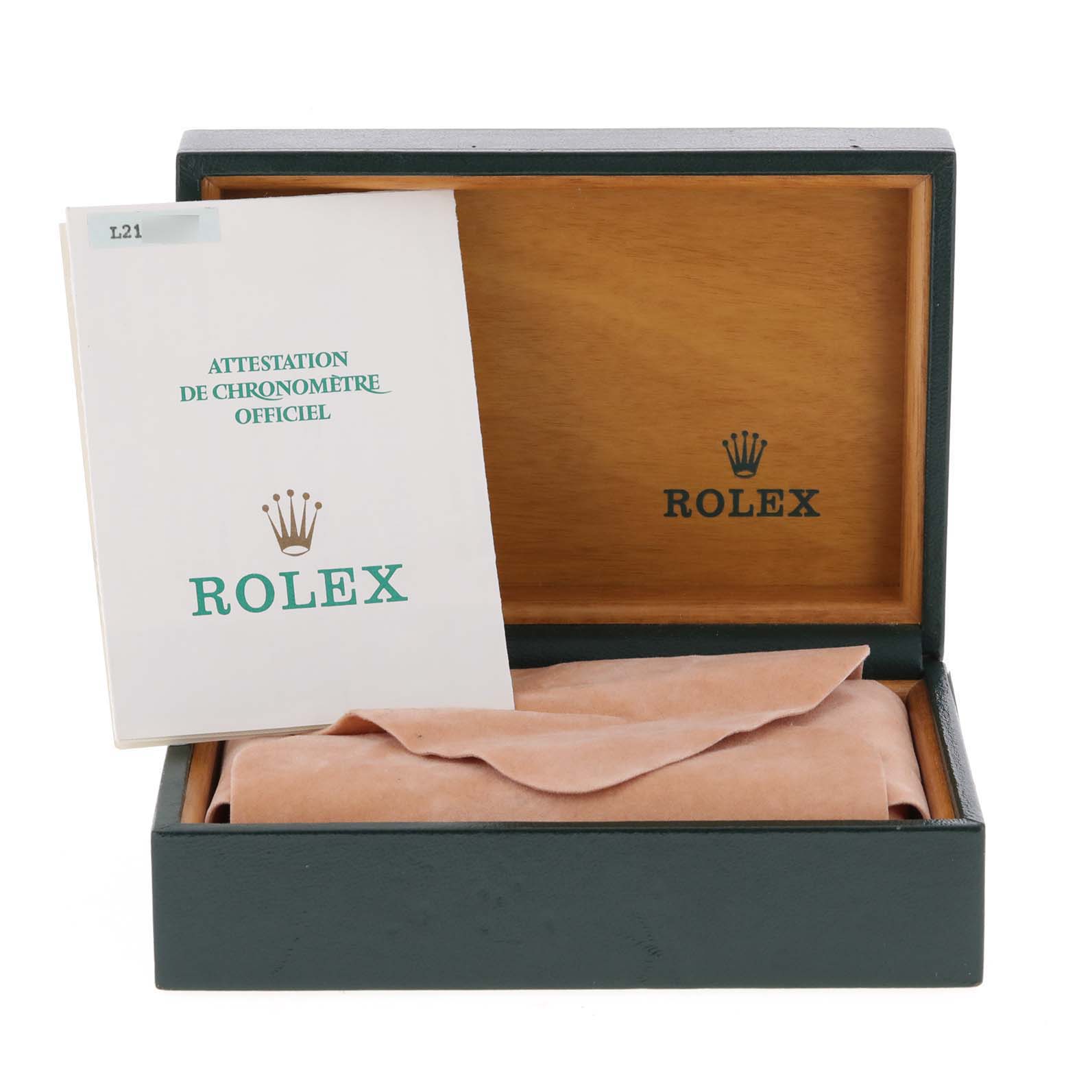 The image shows a Rolex Vintage Collection 15000 Men
s Stainless Steel Silver Dial 15000 Men
s Stainless Steel Silver Dial watch box, an official chronometer certification card, and a wrapped item inside the box.