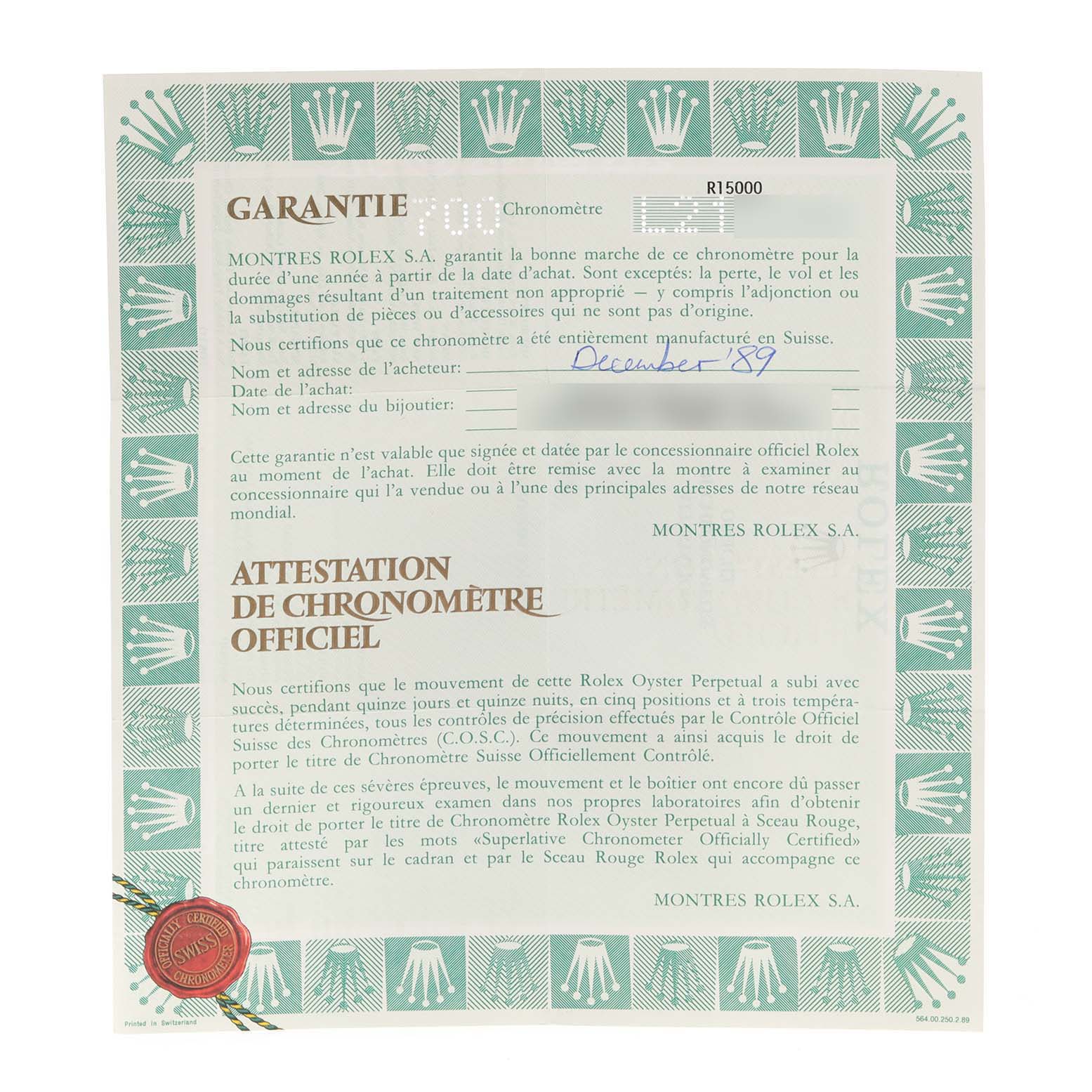 This image shows the official guarantee and certification document for a Vintage Collection model by Rolex.