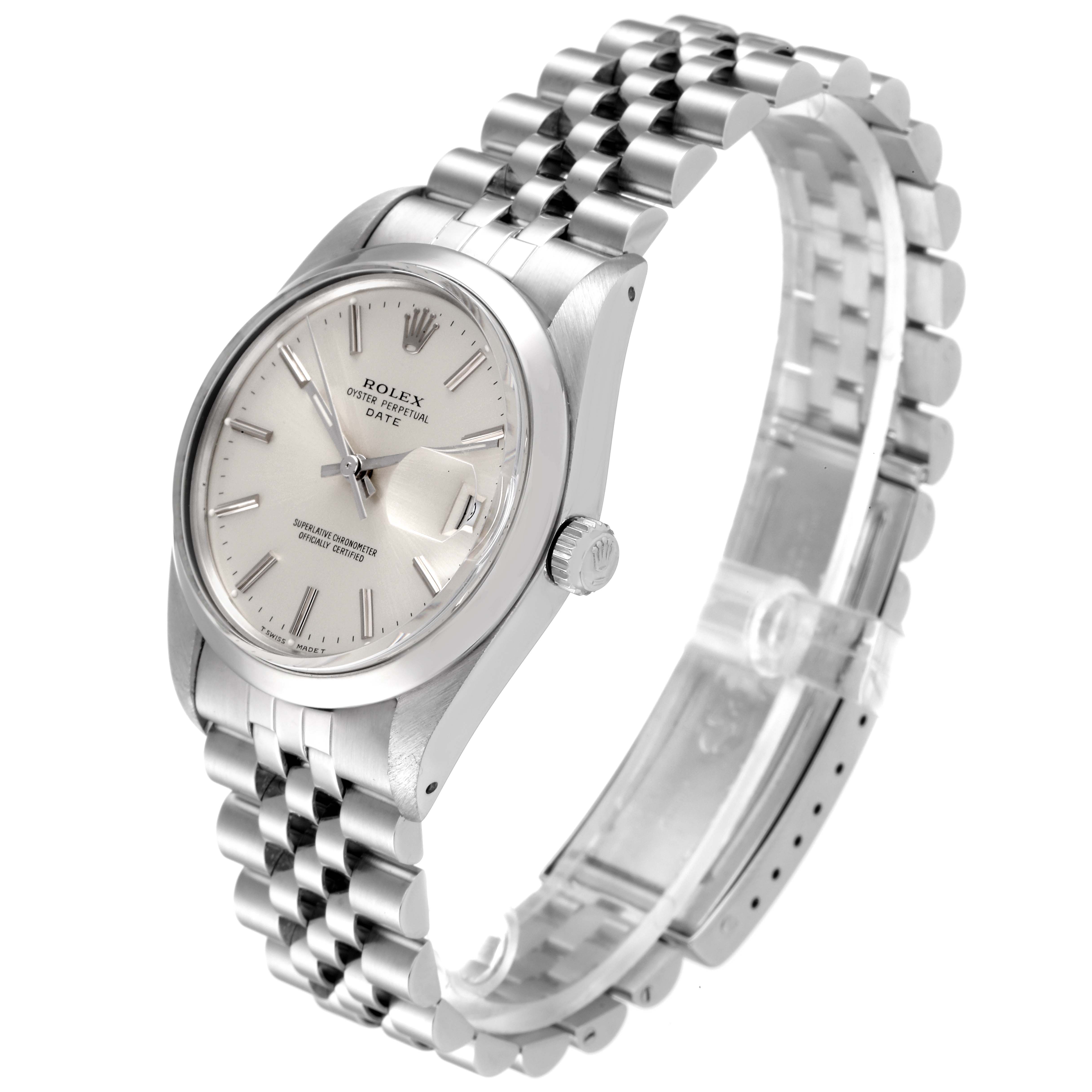 This image shows a Rolex Vintage Collection 15000 Men
s Stainless Steel Silver Dial 15000 Men
s Stainless Steel Silver Dial watch at a slight angle, highlighting the face, crown, and metal bracelet.