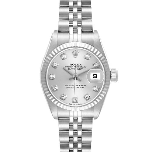 The Rolex Datejust 79174 Women's Stainless Steel Silver Dial watch is shown from a front angle, displaying the dial, bezel, bracelet, and date window.