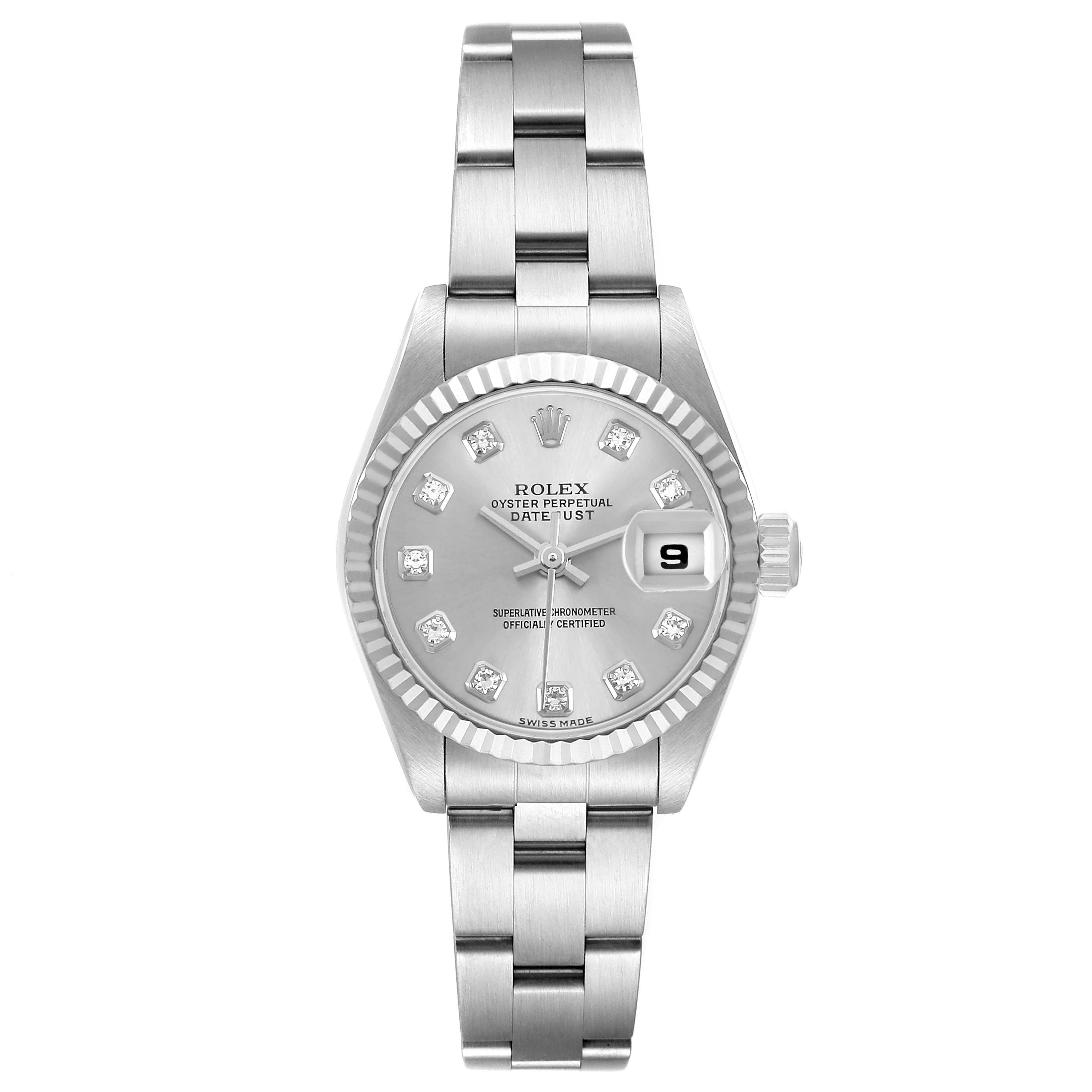 The Rolex Datejust 79174 Women's Stainless Steel Silver Dial watch is shown from a top-down angle, displaying the dial, bezel, and bracelet.