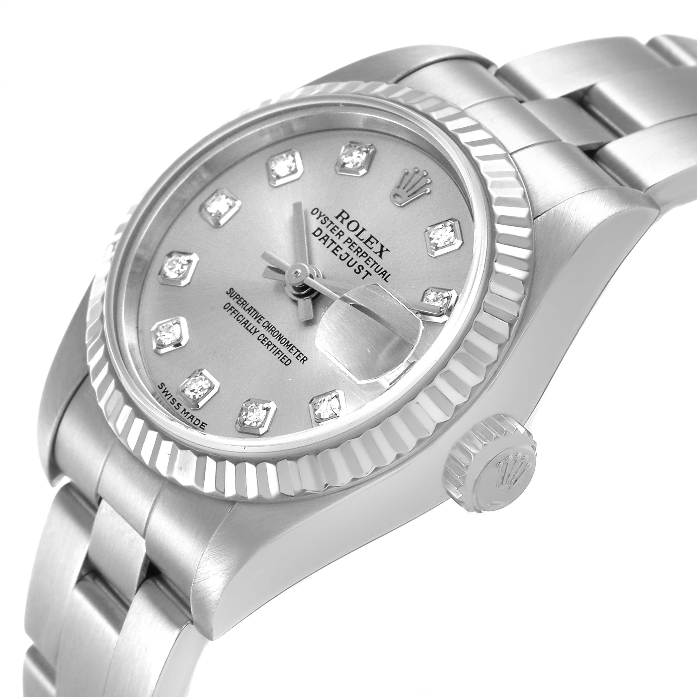 The Rolex Datejust 79174 Women's Stainless Steel Silver Dial watch is shown from a side angle, displaying the dial, bezel, crown, and bracelet.