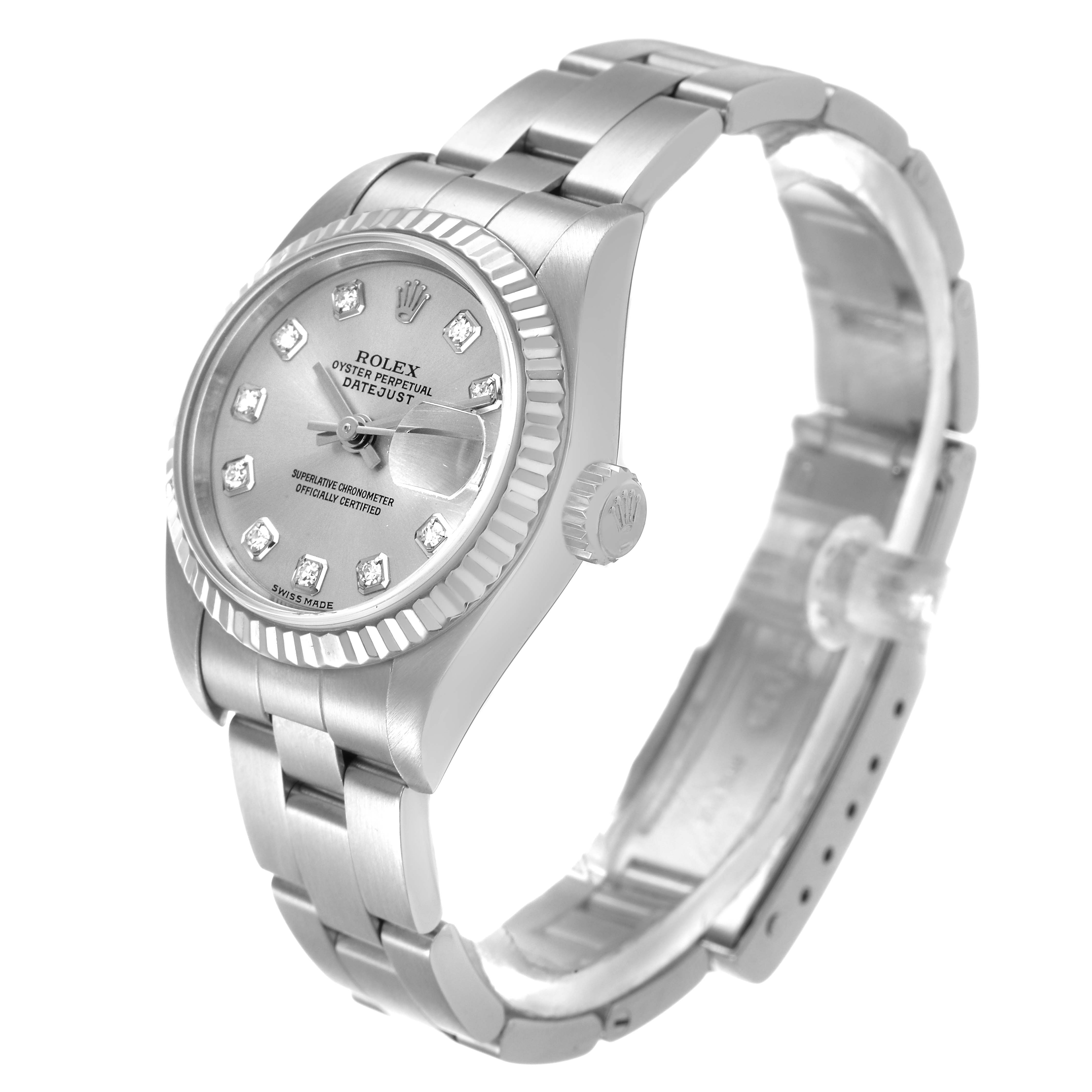 The Rolex Datejust 79174 Women's Stainless Steel Silver Dial watch is shown at a slight angle, displaying the dial, bezel, bracelet, and crown clearly.