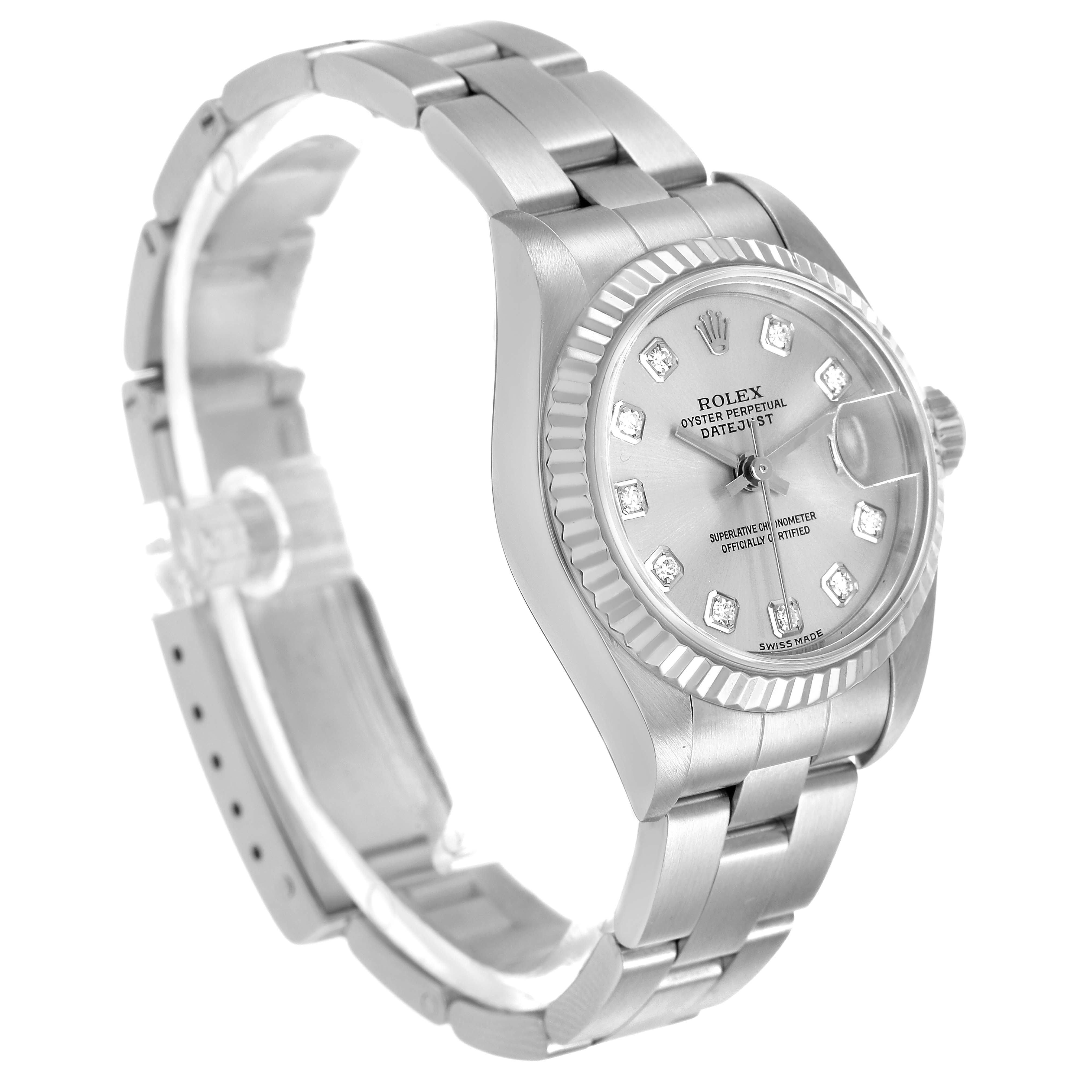 The image shows a Rolex Datejust 79174 Women's Stainless Steel Silver Dial watch at a three-quarter angle, highlighting the bracelet, bezel, and diamond-accented dial.