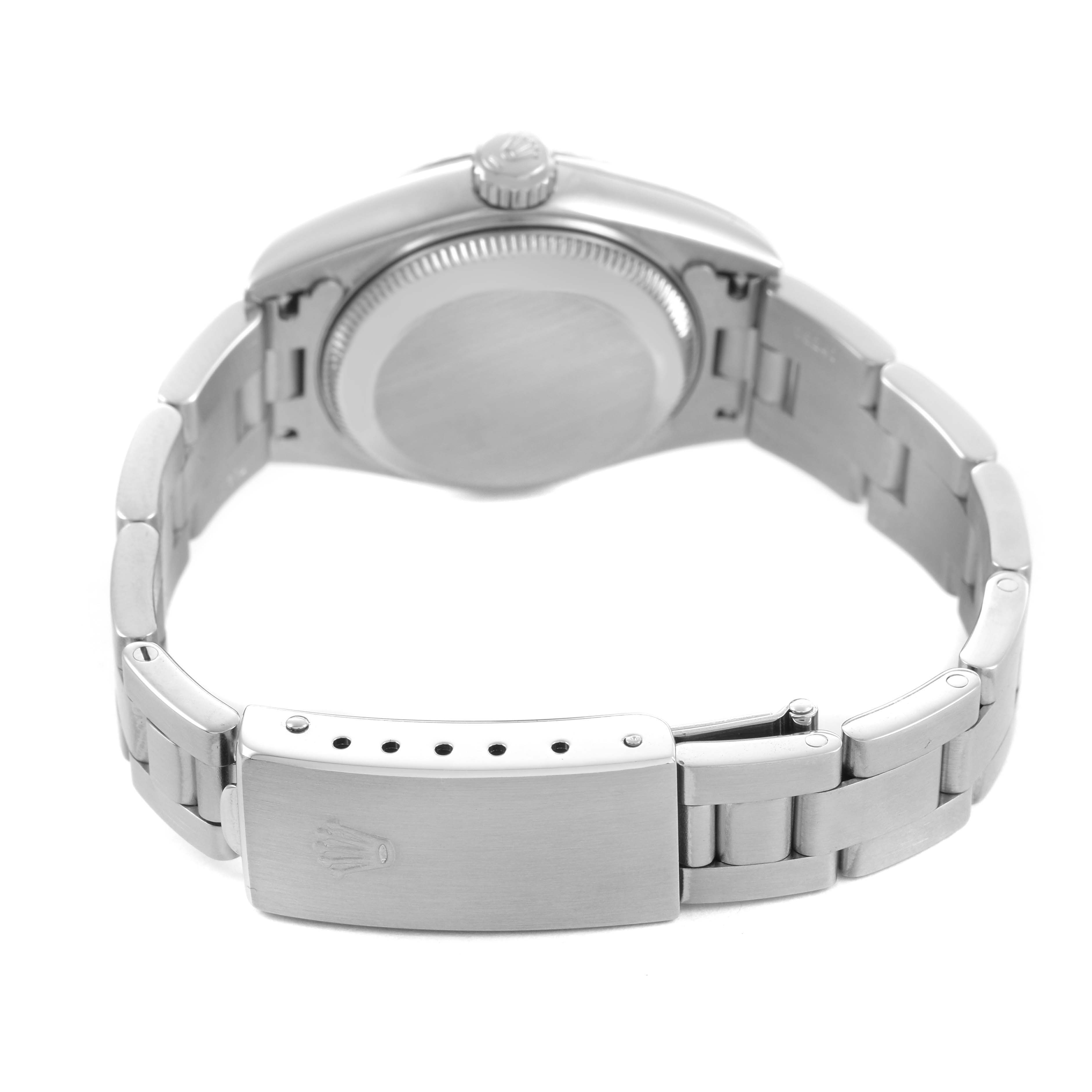 The image shows a Rolex Datejust 79174 Women's Stainless Steel Silver Dial watch from the back, highlighting the case back, crown, and metal bracelet with the clasp.