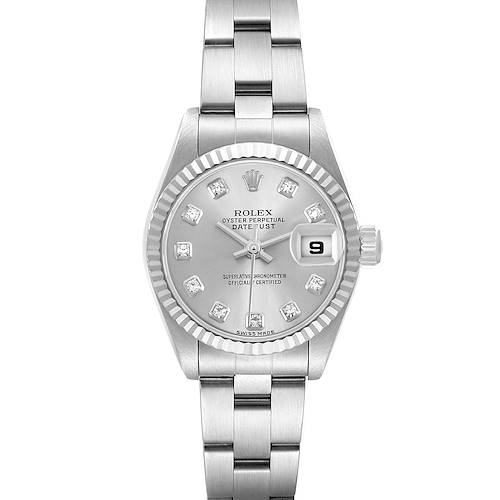The Rolex Datejust 79174 Women's Stainless Steel Silver Dial watch is shown from a top-down view, highlighting the dial, bezel, crown, and bracelet.