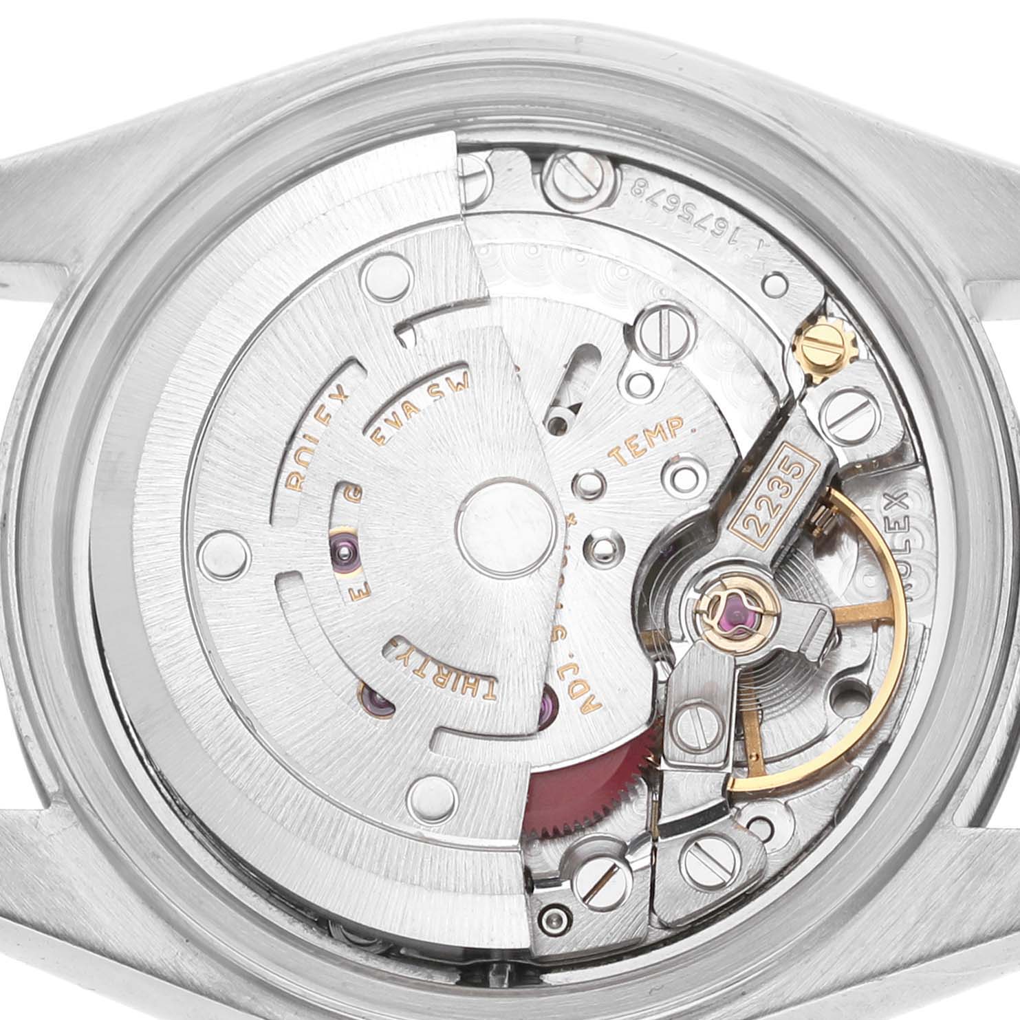 The image shows the movement and inner workings of a Rolex Datejust 79174 Women's Stainless Steel Silver Dial watch from a top-down angle.