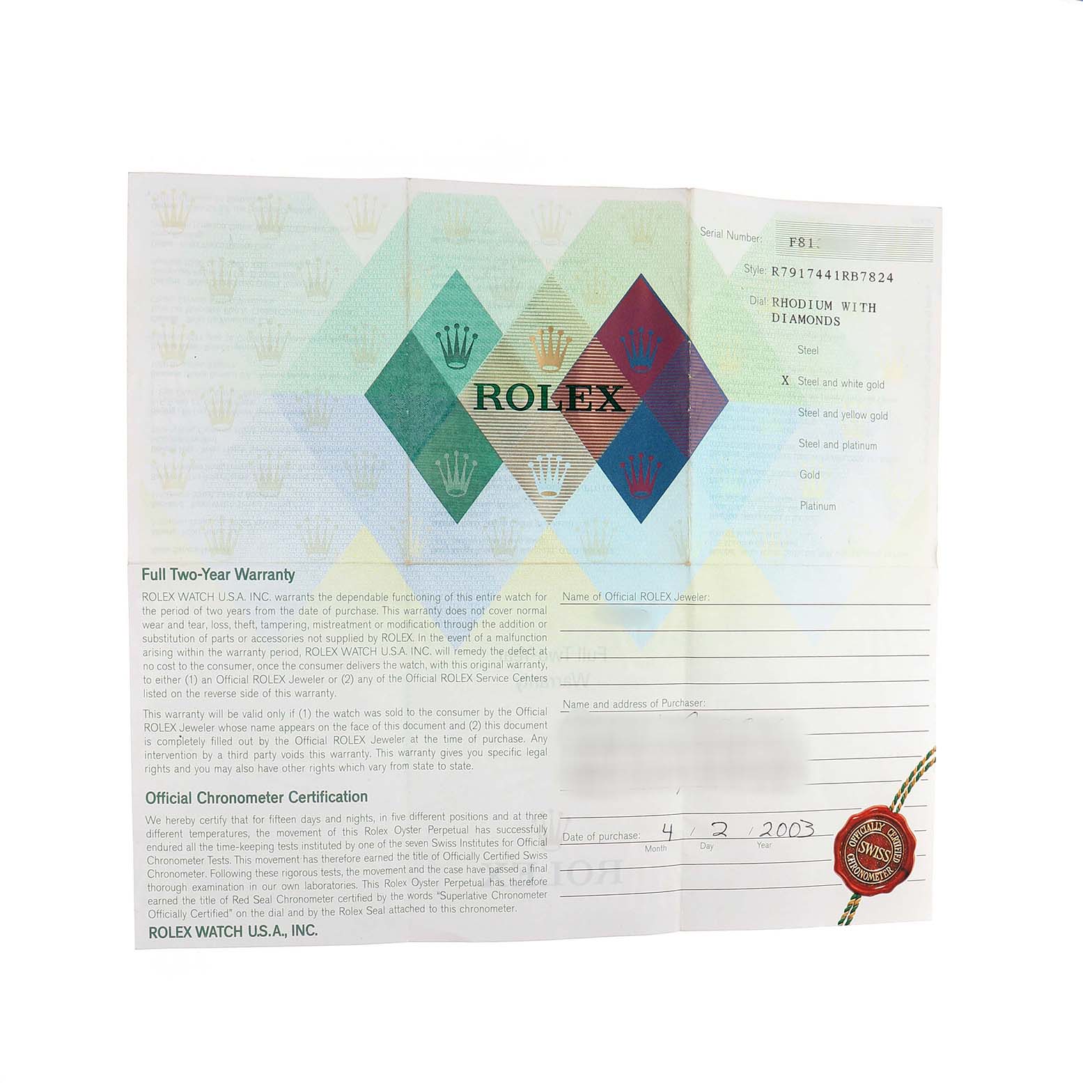 The image shows a warranty certificate for a Rolex Datejust 79174 Women's Stainless Steel Silver Dial watch.