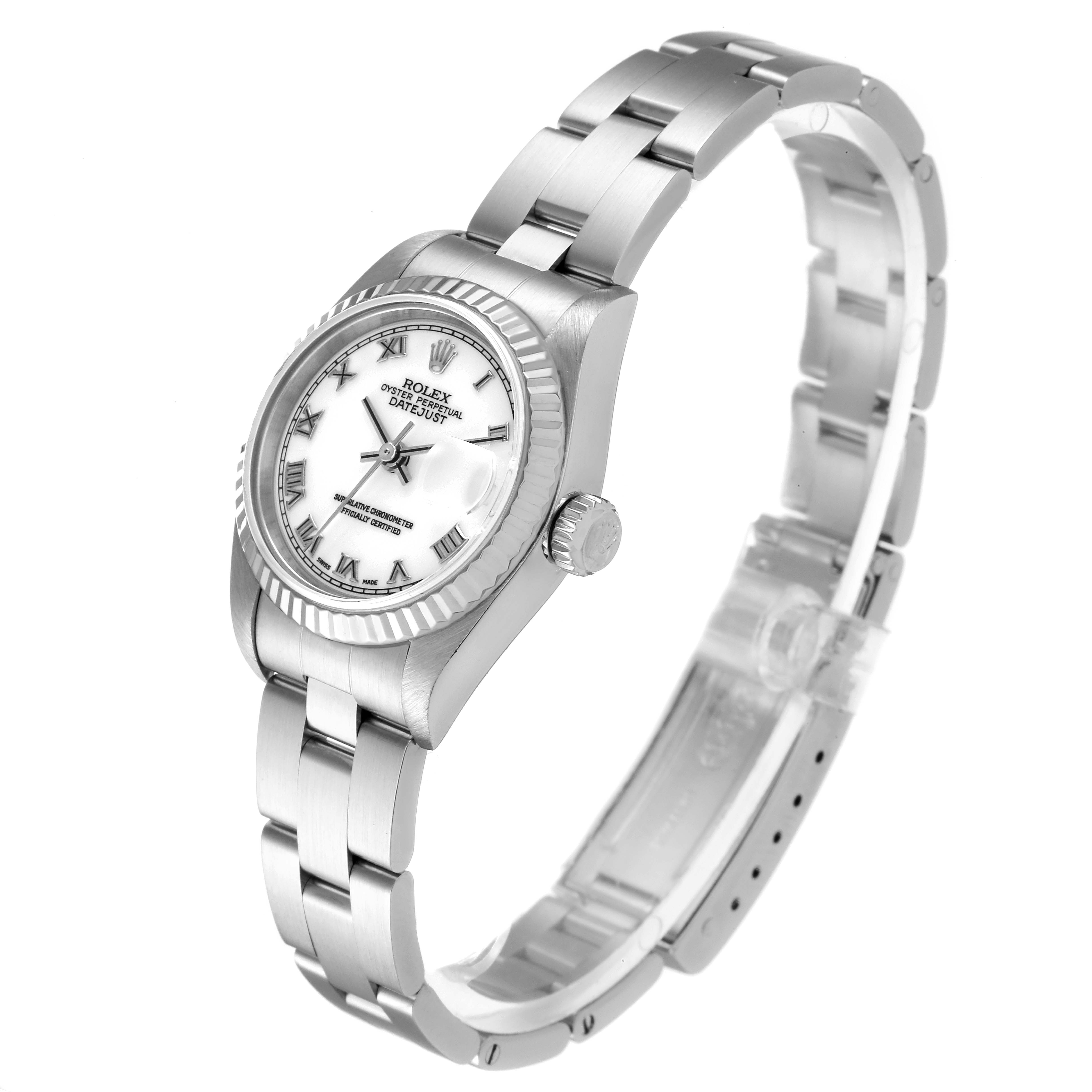 The image shows a three-quarter view of a Rolex Datejust 79174 Women
s Stainless Steel White Dial 79174 Women
s Stainless Steel White Dial watch, highlighting the face, bezel, and bracelet.