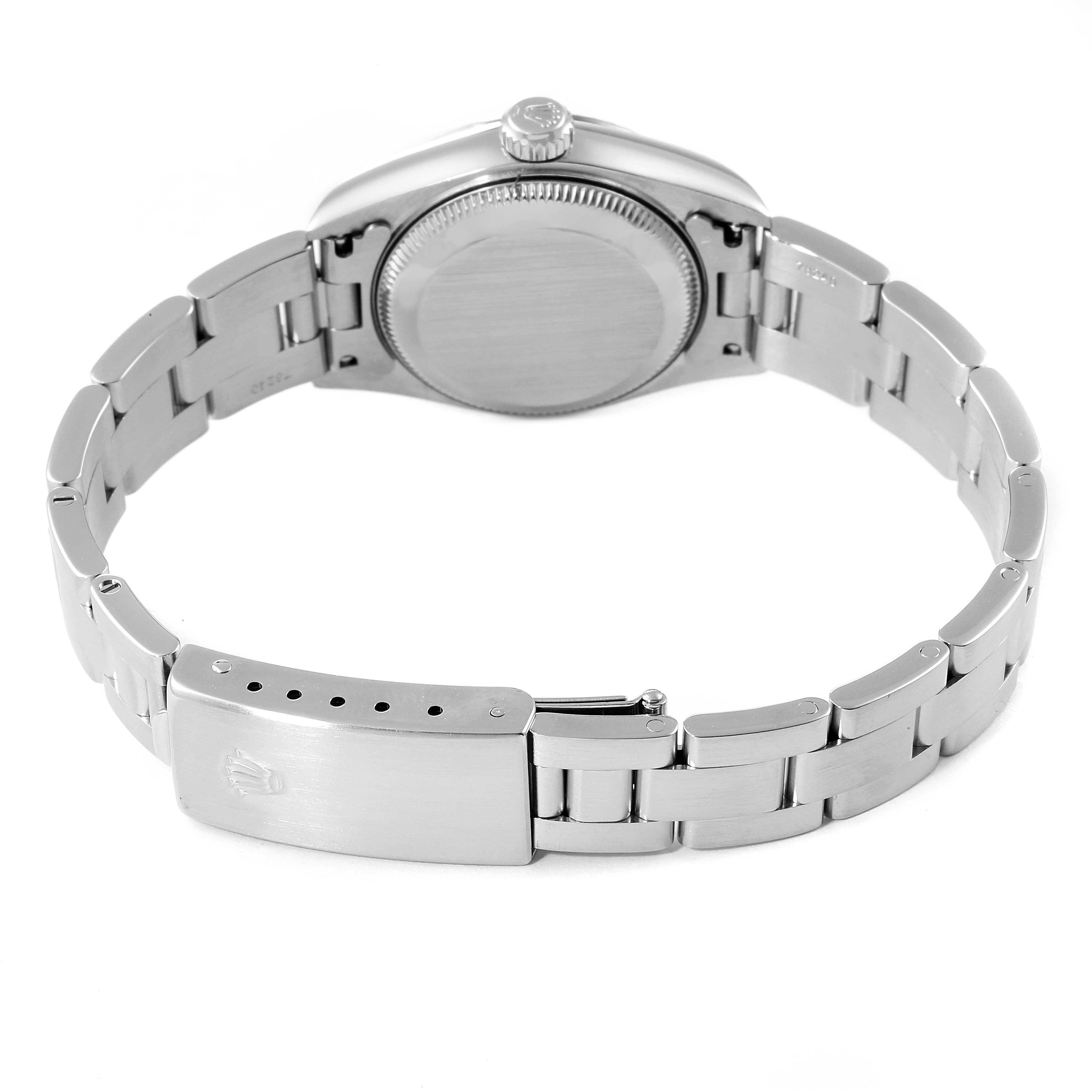 This image shows the back view of a Rolex Datejust 79174 Women
s Stainless Steel White Dial 79174 Women
s Stainless Steel White Dial watch, highlighting its clasp, bracelet, and case back.