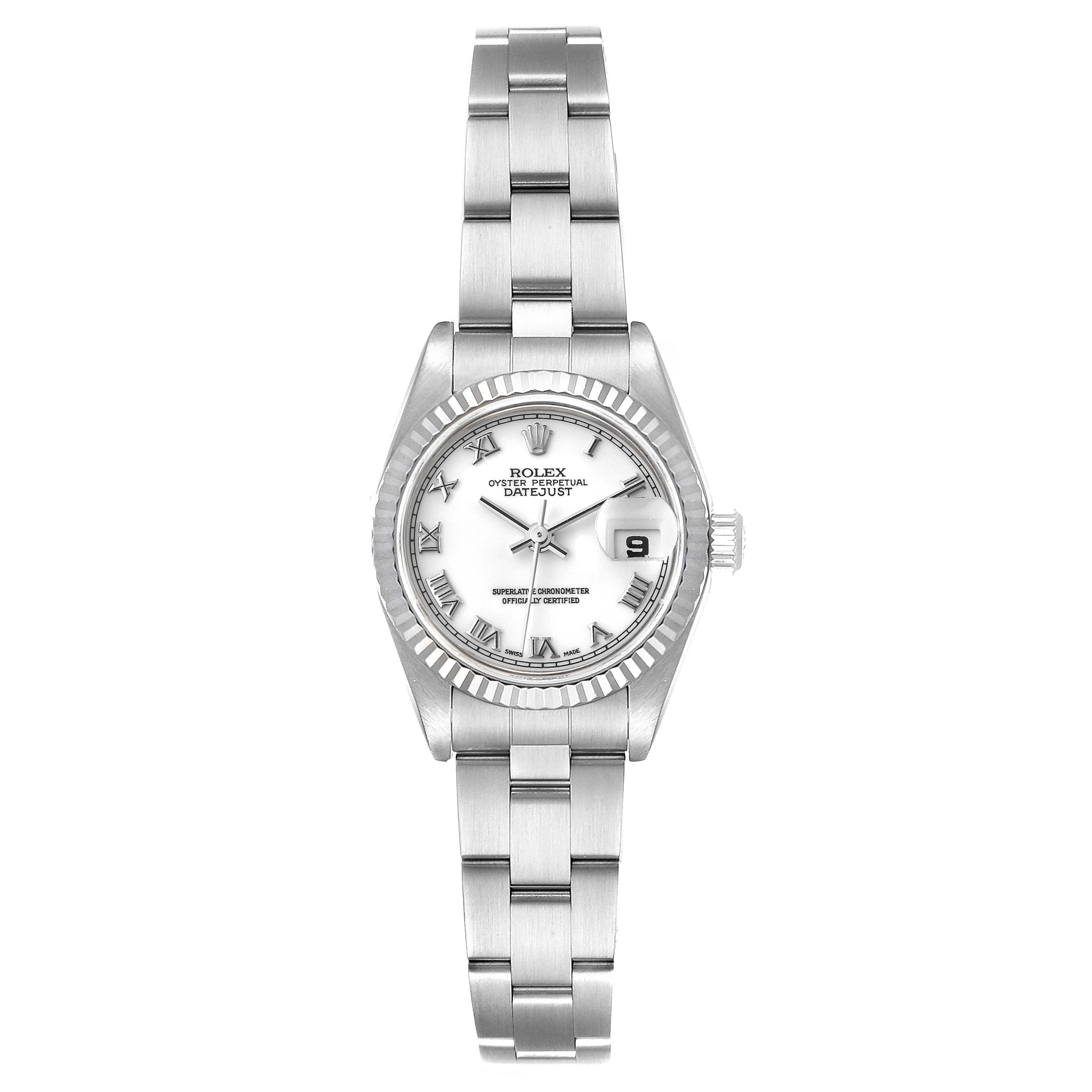 This is a Rolex Datejust 79174 Women
s Stainless Steel White Dial 79174 Women
s Stainless Steel White Dial watch shown from a front view, displaying the face, bezel, and bracelet.