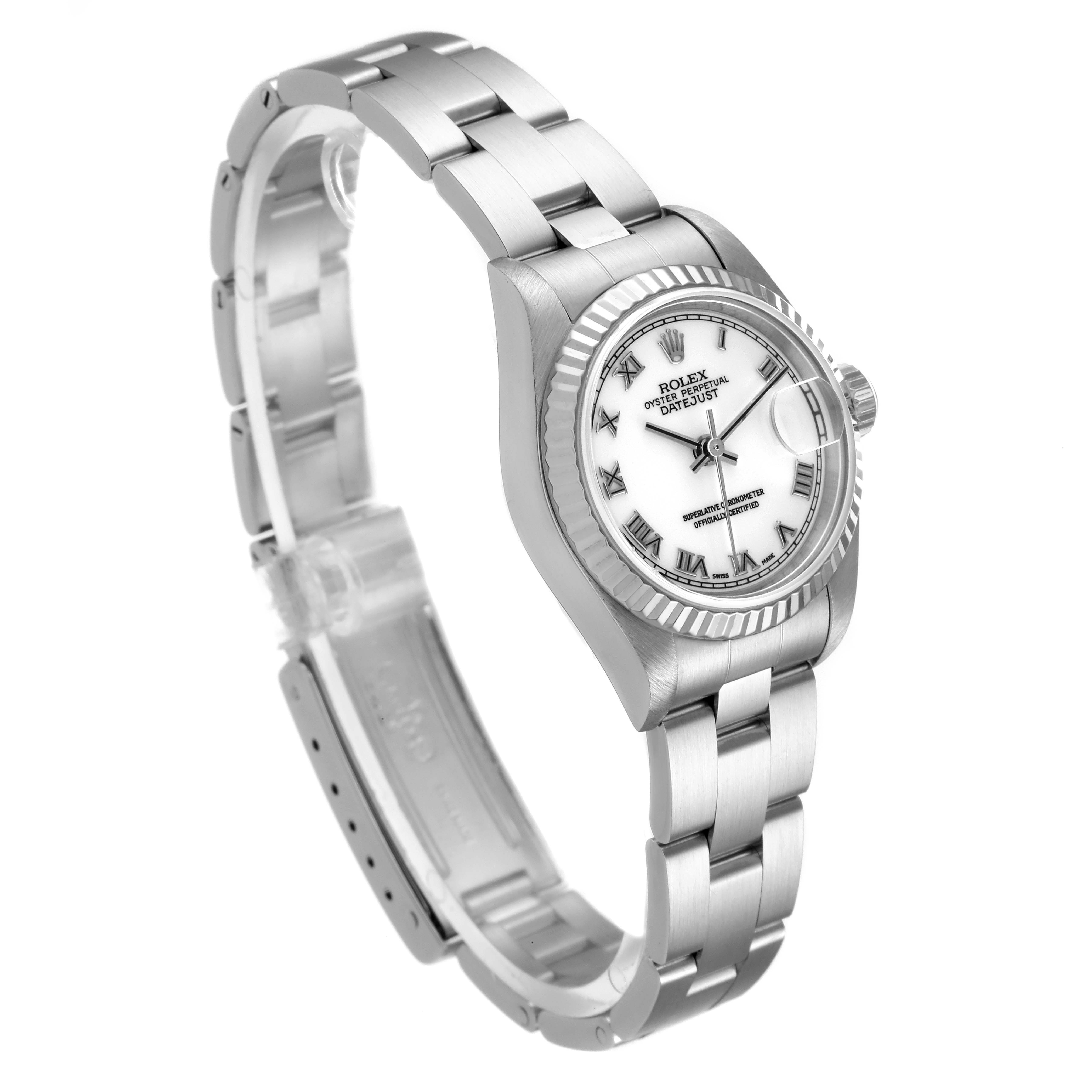 The Rolex Datejust 79174 Women
s Stainless Steel White Dial 79174 Women
s Stainless Steel White Dial model is shown at a slight angle, highlighting its white dial, Roman numerals, stainless steel case, and bracelet.