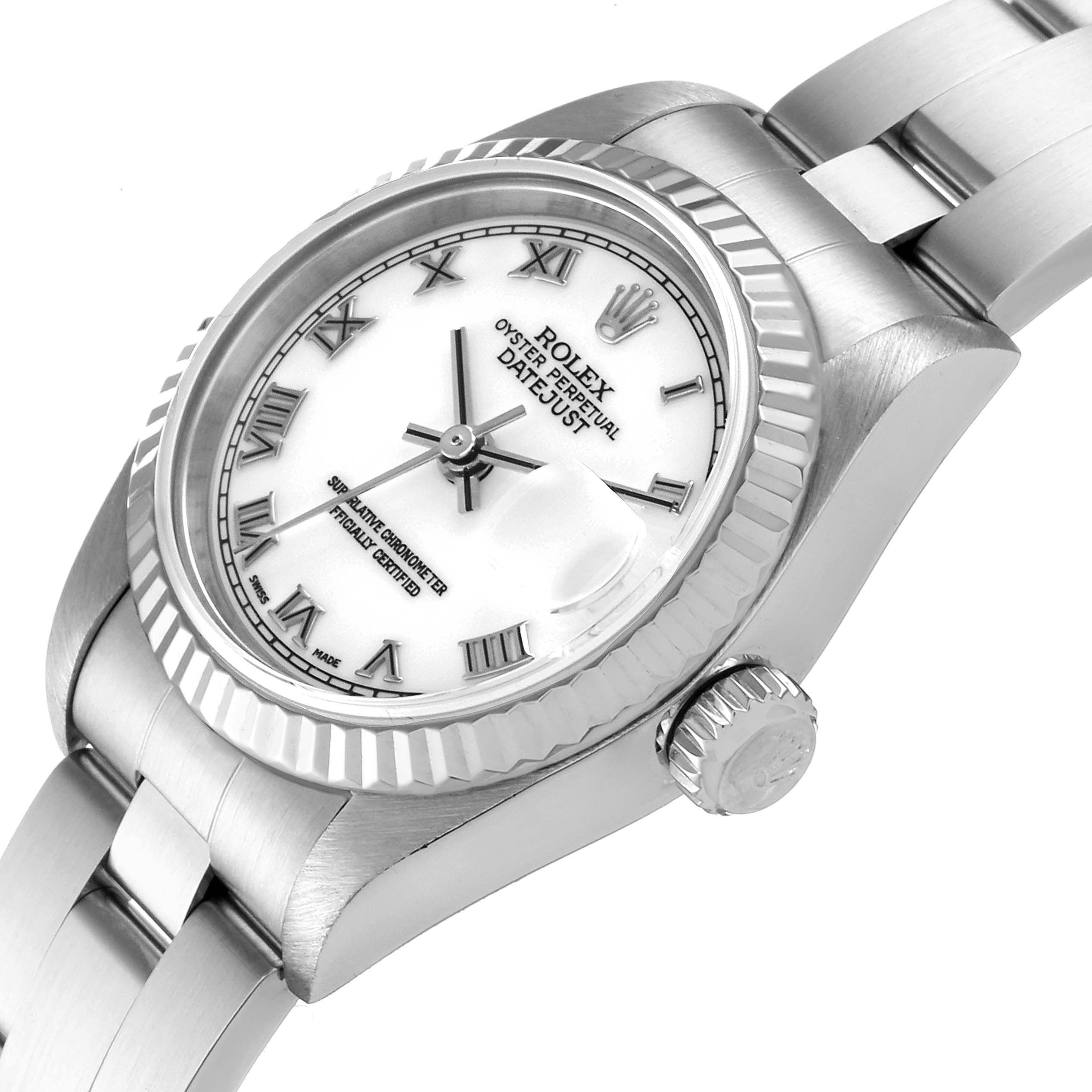 The image shows the face, bezel, case, and partially the bracelet of a Rolex Datejust 79174 Women
s Stainless Steel White Dial 79174 Women
s Stainless Steel White Dial watch from a side angle.