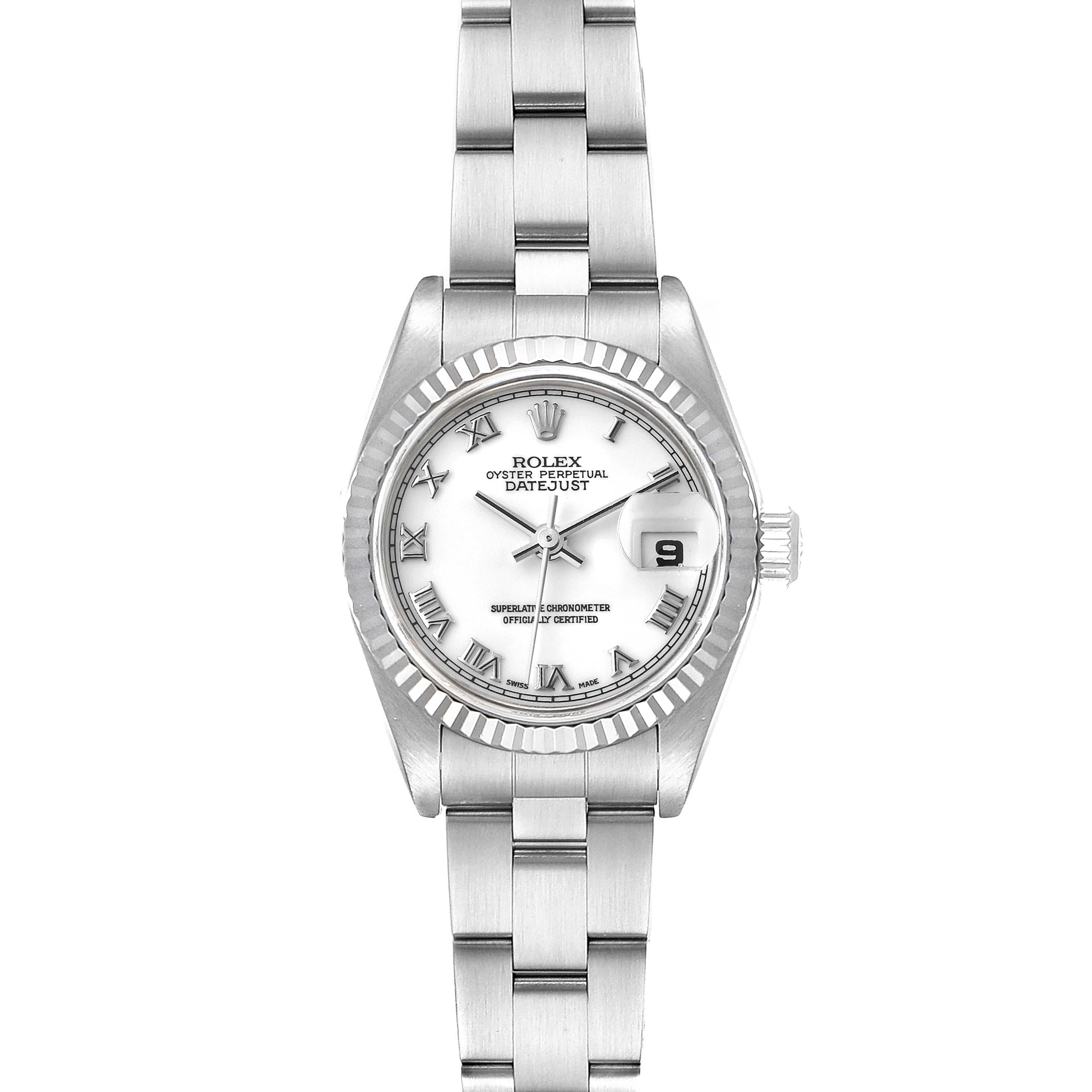 The image shows a front view of a Rolex Datejust 79174 Women
s Stainless Steel White Dial 79174 Women
s Stainless Steel White Dial watch, displaying the dial, bezel, bracelet, and date window.