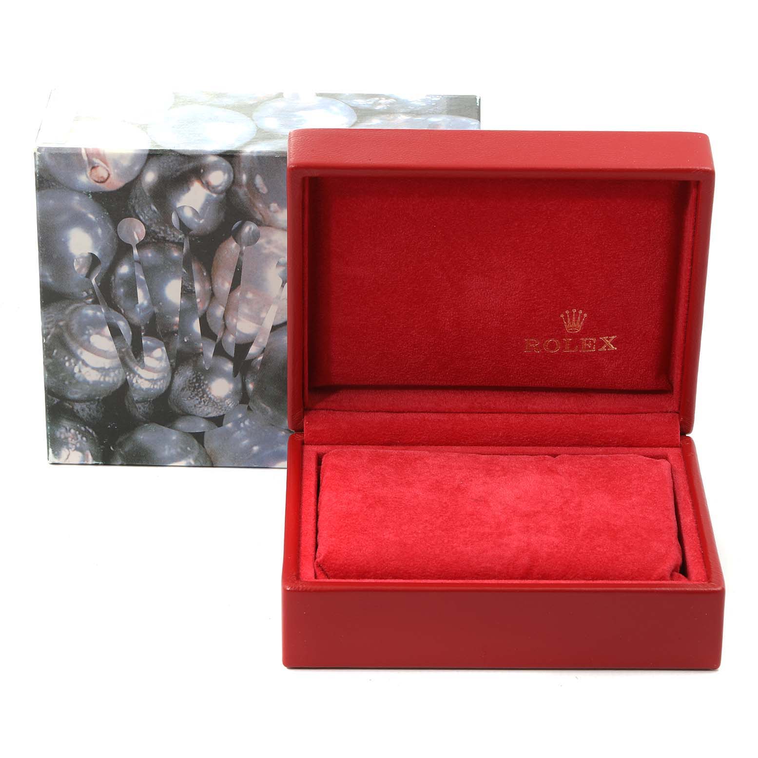 A red Rolex Datejust 79174 Women
s Stainless Steel White Dial 79174 Women
s Stainless Steel White Dial watch box and an outer protective sleeve are shown from a frontal angle.