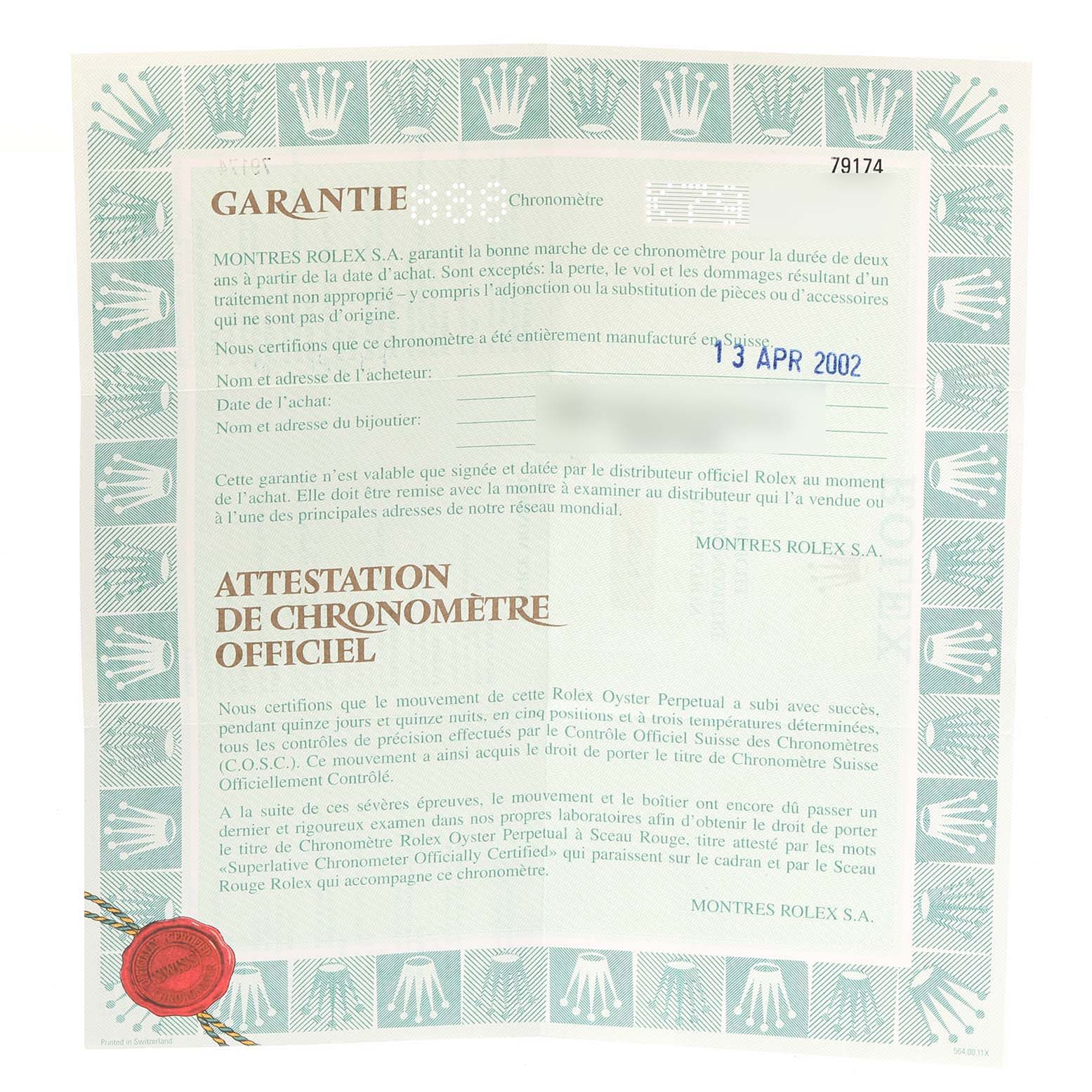 This is the warranty certificate for a Rolex Datejust 79174 Women's Stainless Steel Pink Dial 79174 Women's Stainless Steel Pink Dial watch, dated April 13, 2002.