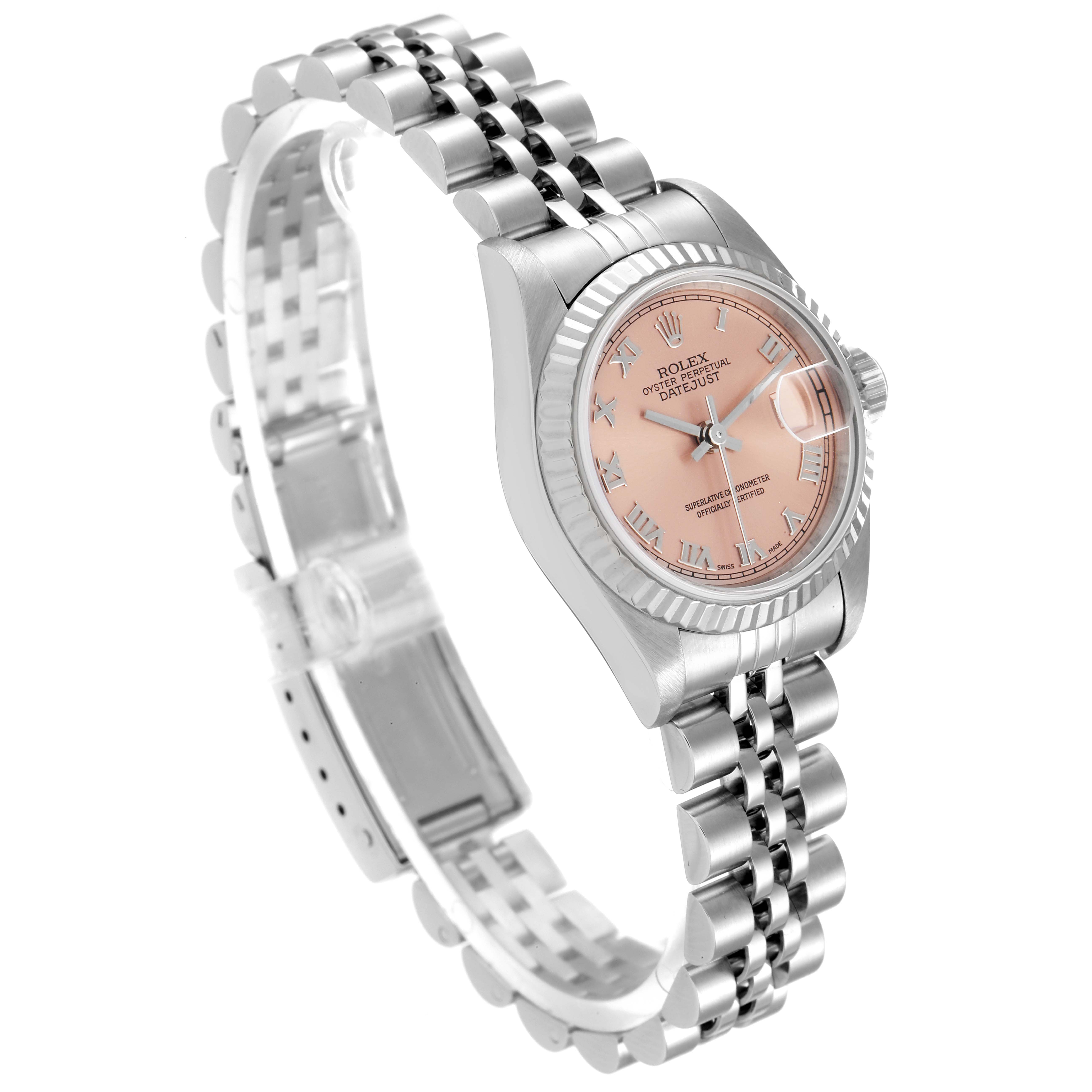 This image shows a Rolex Datejust 79174 Women's Stainless Steel Pink Dial 79174 Women's Stainless Steel Pink Dial watch at an oblique angle, highlighting the face, bracelet, and clasp.