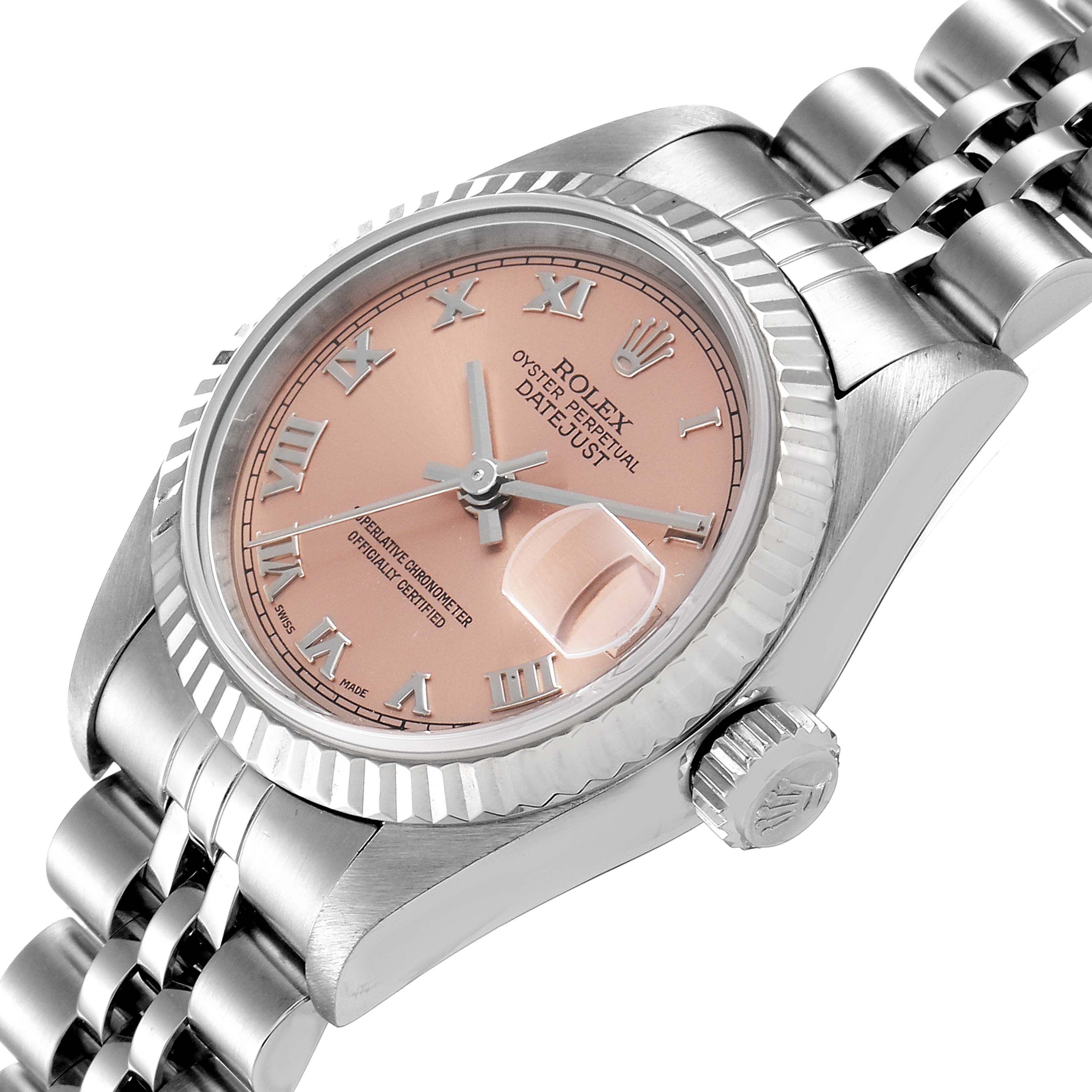 The image shows a Rolex Datejust 79174 Women's Stainless Steel Pink Dial 79174 Women's Stainless Steel Pink Dial watch at a tilted angle, highlighting the dial, bezel, crown, and part of the bracelet.