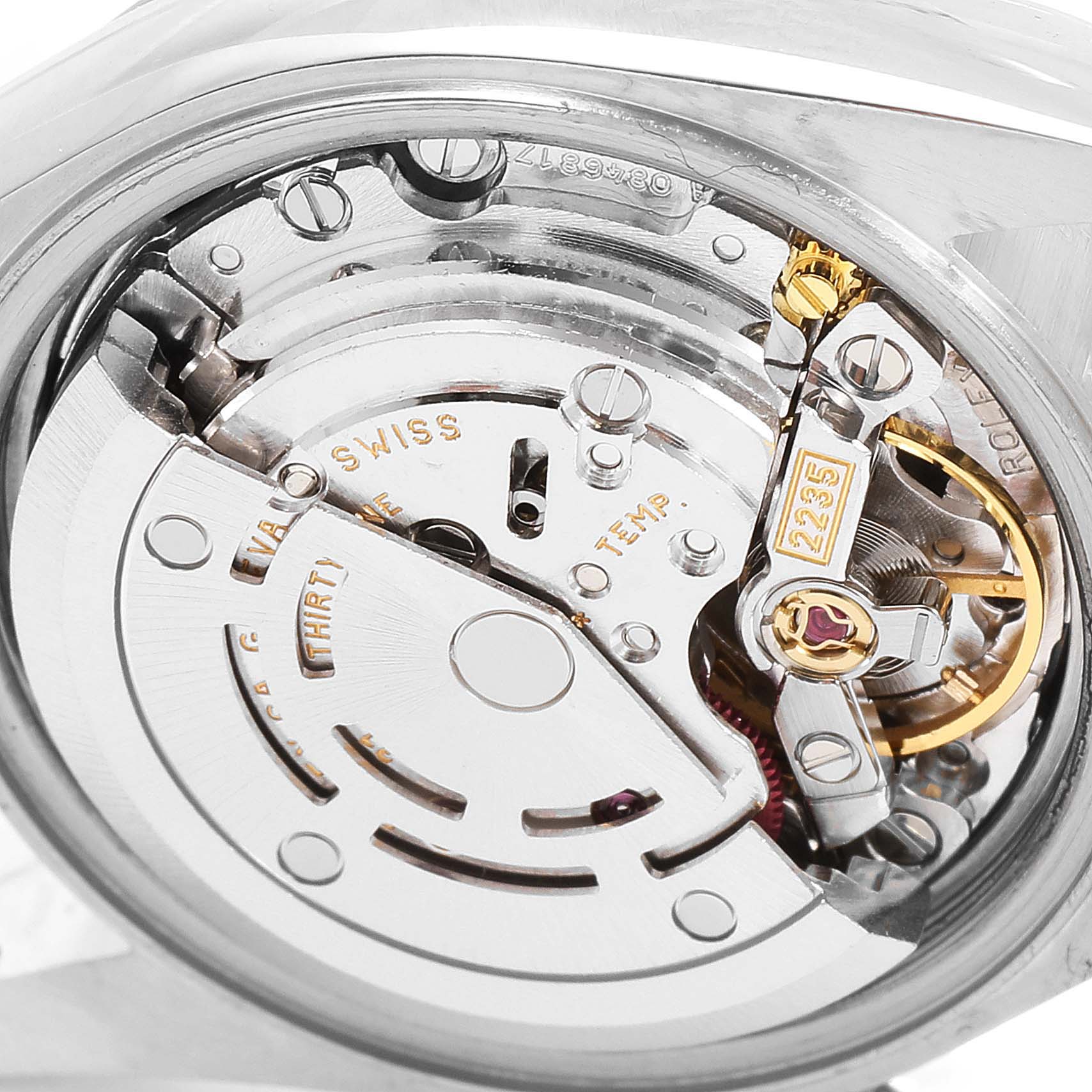 This is a close-up view of the internal mechanical movement of the Rolex Datejust 79174 Women's Stainless Steel Pink Dial 79174 Women's Stainless Steel Pink Dial watch, showcasing the intricate components.