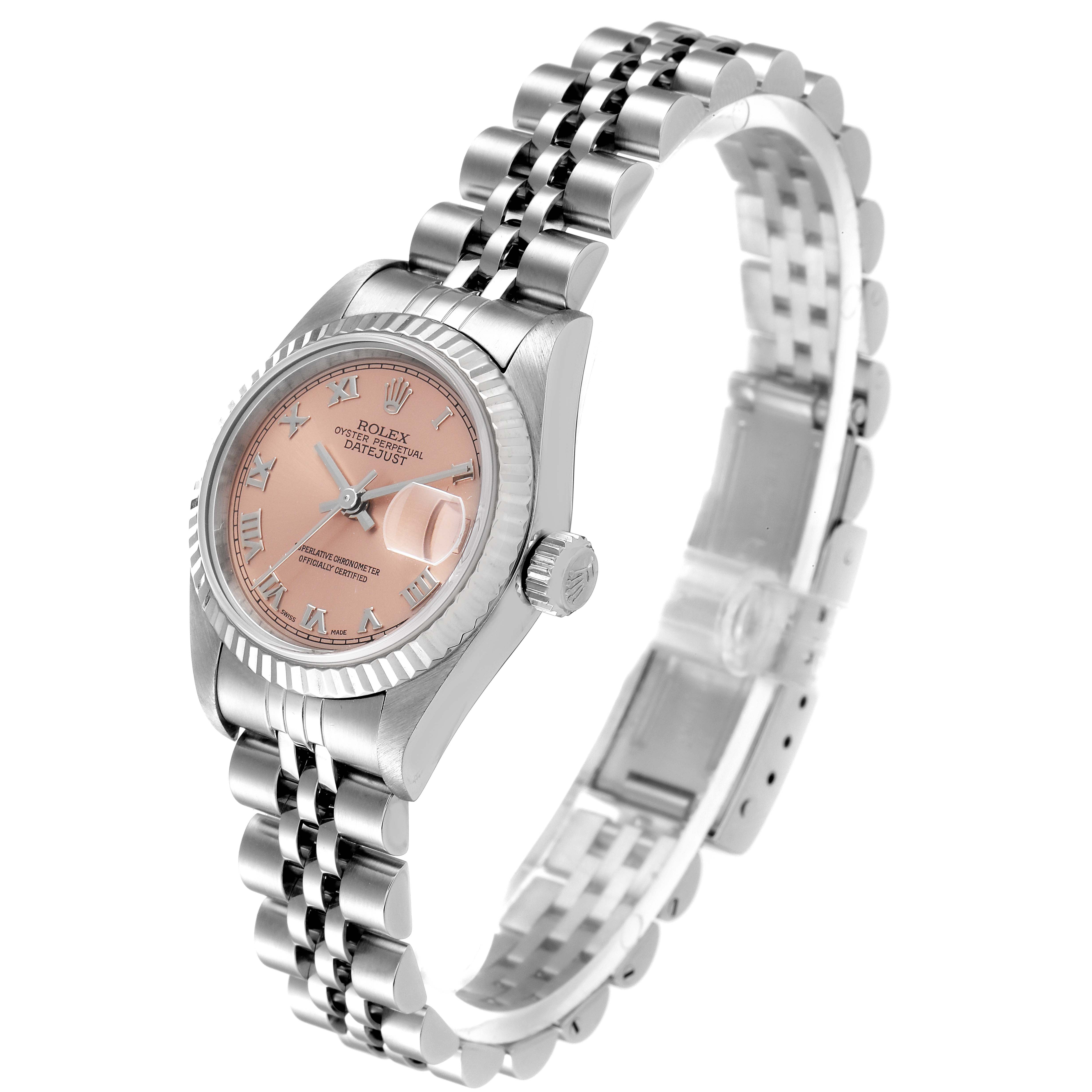 This image shows a Rolex Datejust 79174 Women's Stainless Steel Pink Dial 79174 Women's Stainless Steel Pink Dial watch from a side angle, highlighting the dial, crown, and bracelet.