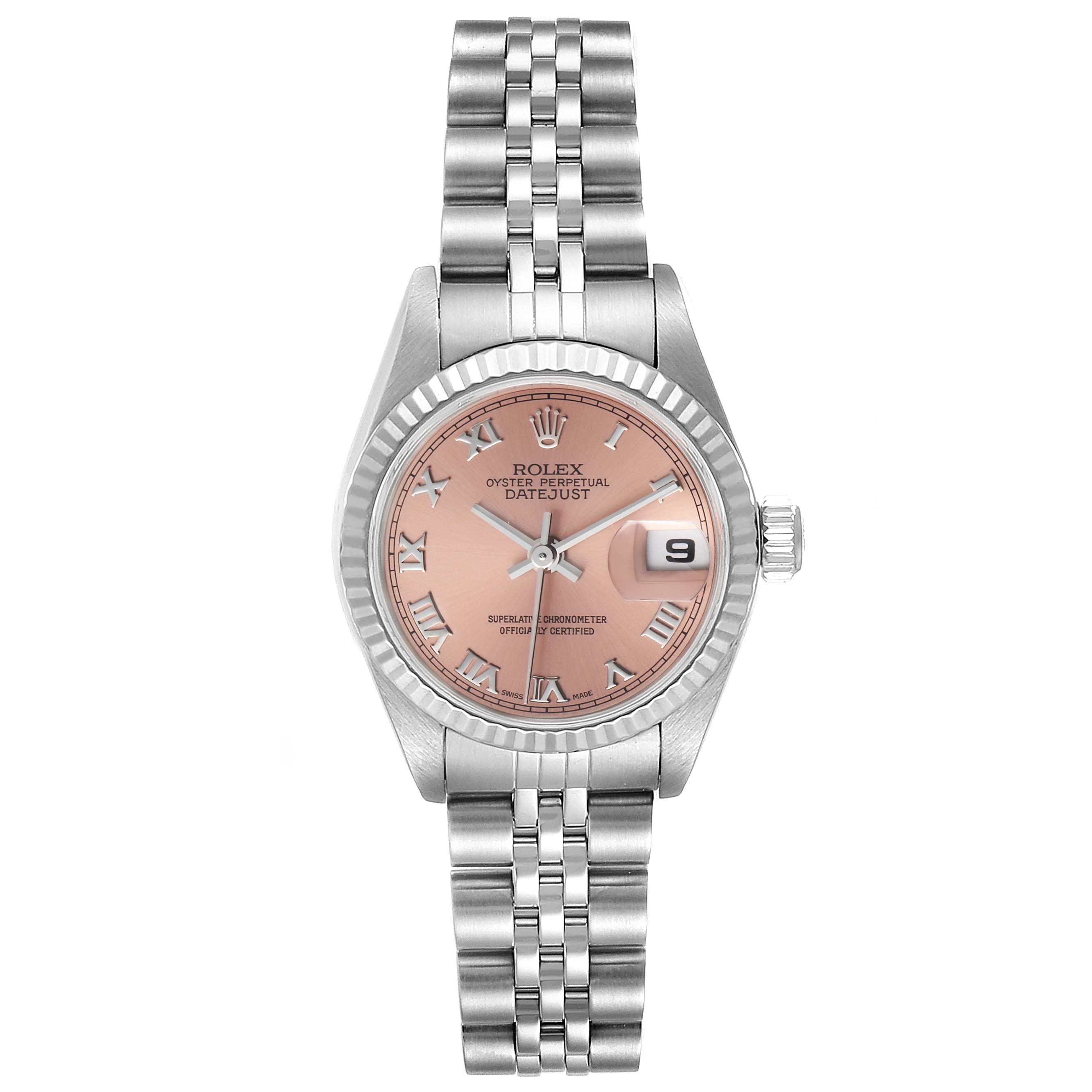 This image shows a Rolex Datejust 79174 Women's Stainless Steel Pink Dial 79174 Women's Stainless Steel Pink Dial watch from a top-down angle, displaying the watch face, bezel, crown, and bracelet.