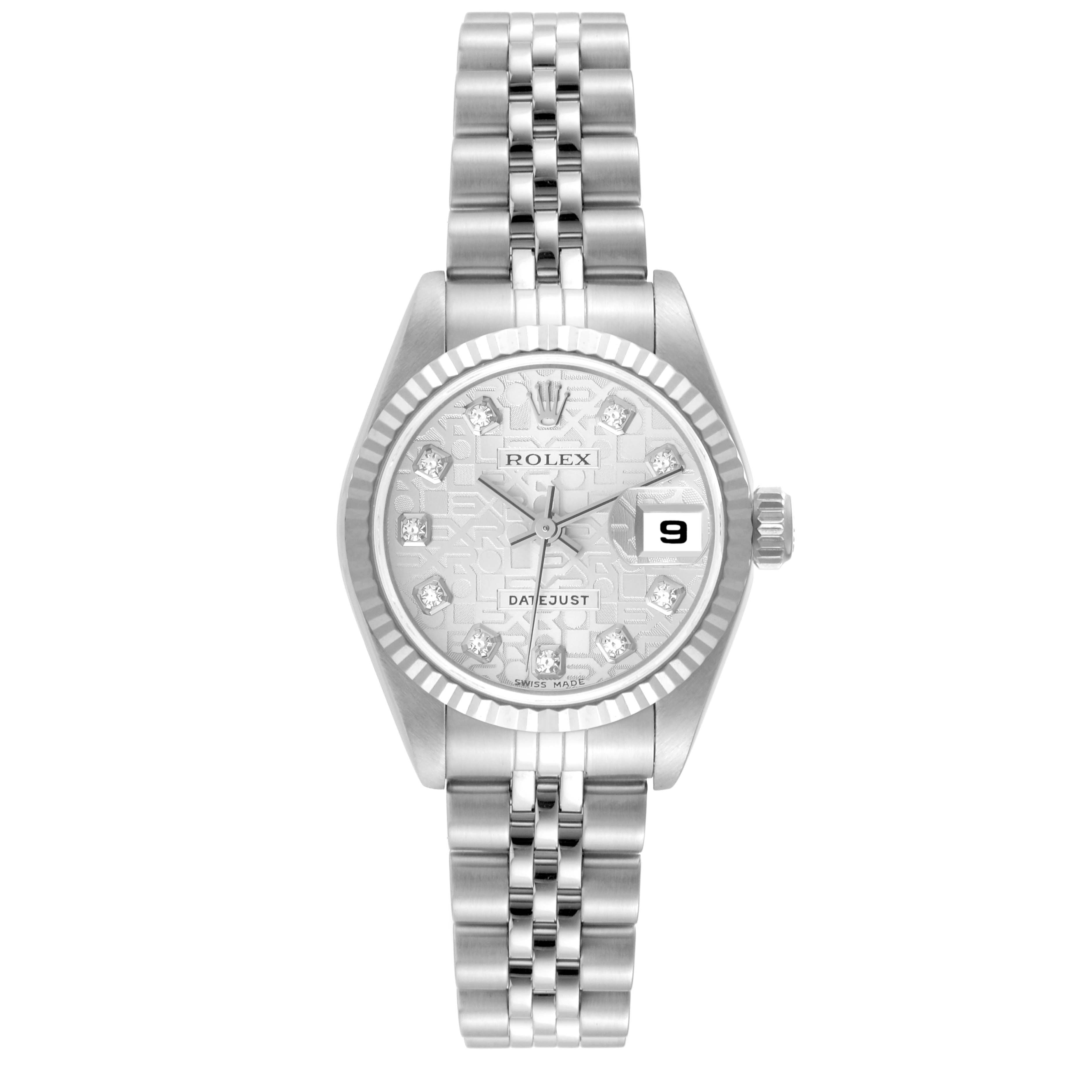 The image shows a front view of a Rolex Datejust 79174 Women
s Stainless Steel Silver Dial 79174 Women
s Stainless Steel Silver Dial watch, displaying the face, bezel, and bracelet.