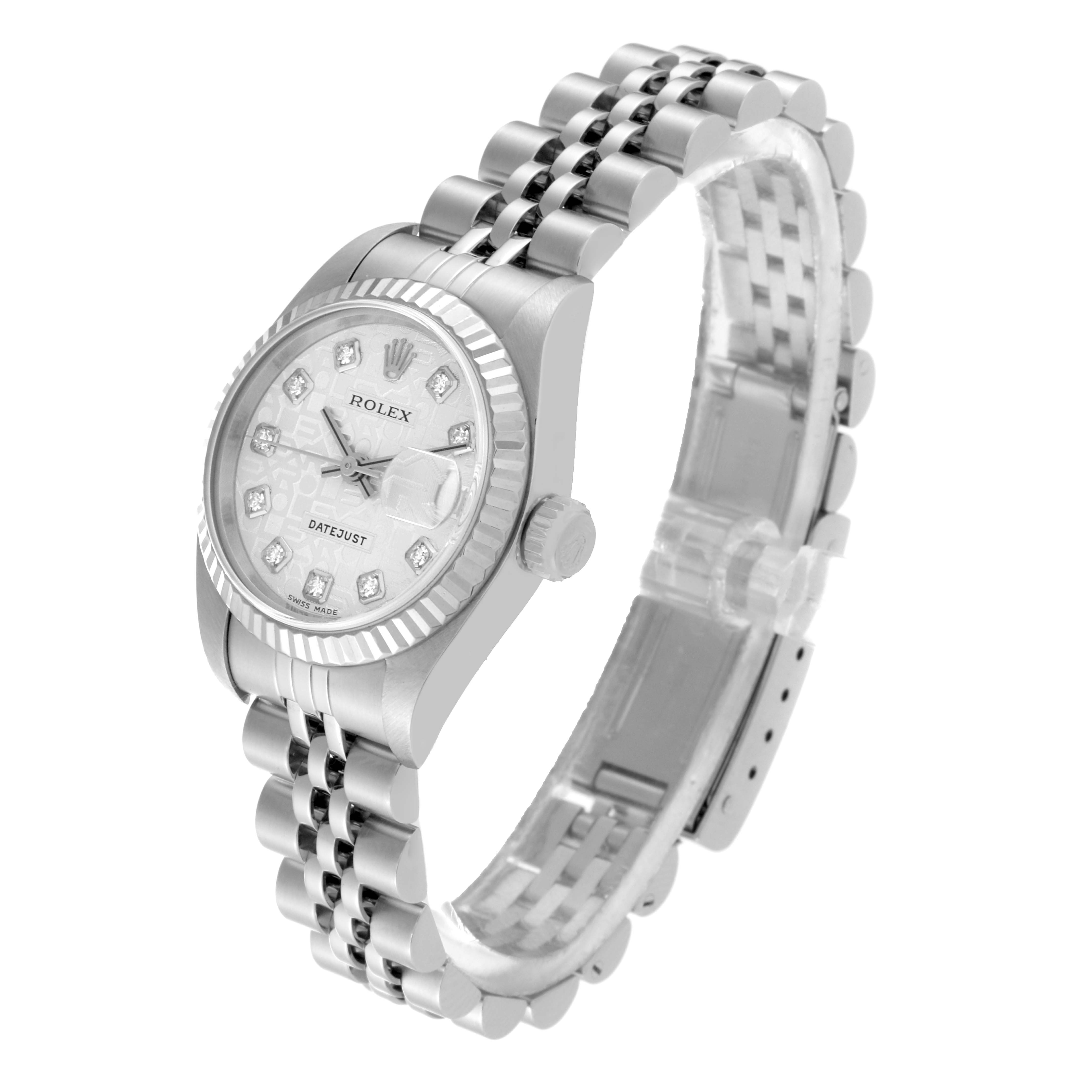 The image shows a Rolex Datejust 79174 Women
s Stainless Steel Silver Dial 79174 Women
s Stainless Steel Silver Dial watch at a slight angle, highlighting its bracelet, dial, and crown.