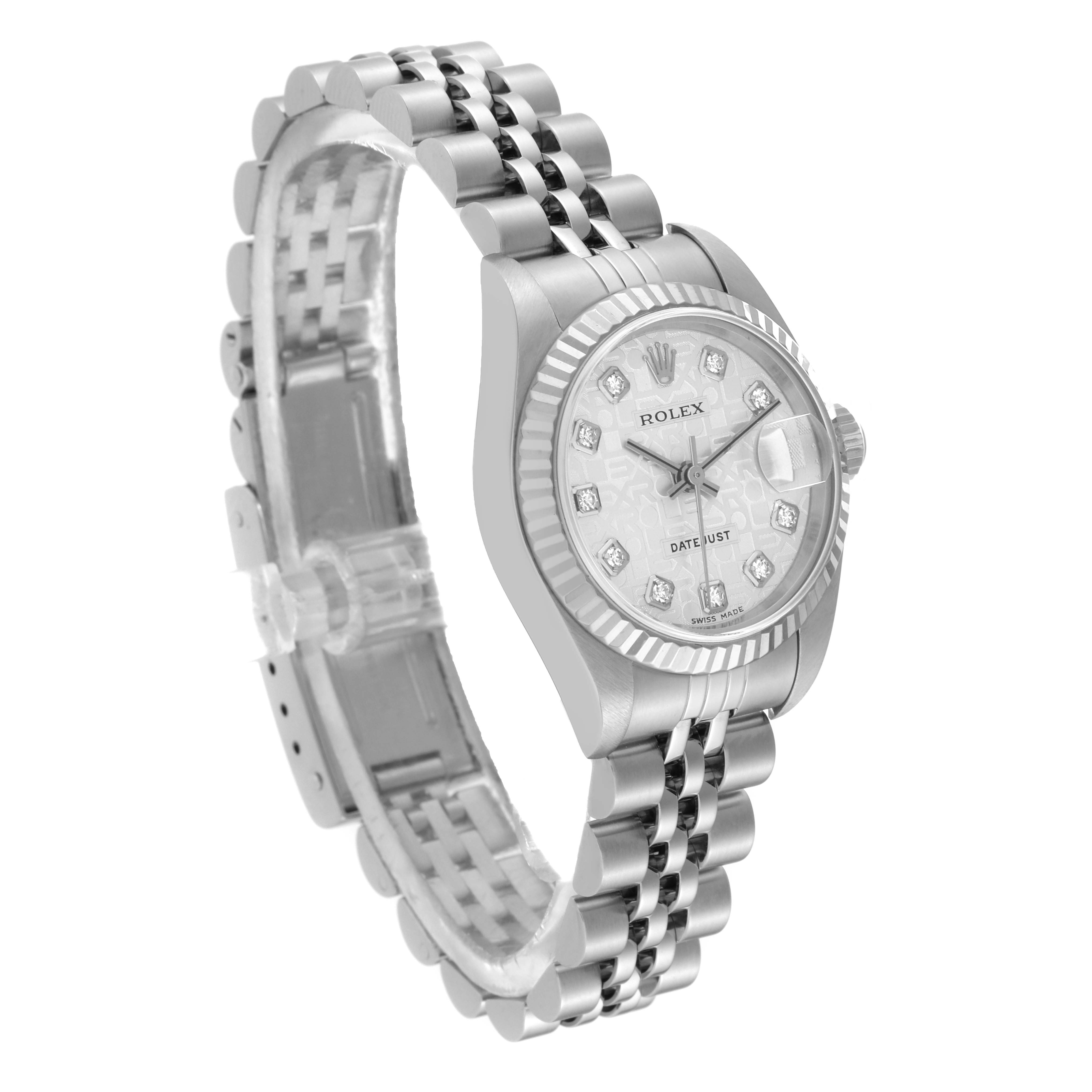 The Rolex Datejust 79174 Women
s Stainless Steel Silver Dial 79174 Women
s Stainless Steel Silver Dial watch is shown at a slight angle, displaying the face, bezel, crown, and bracelet.