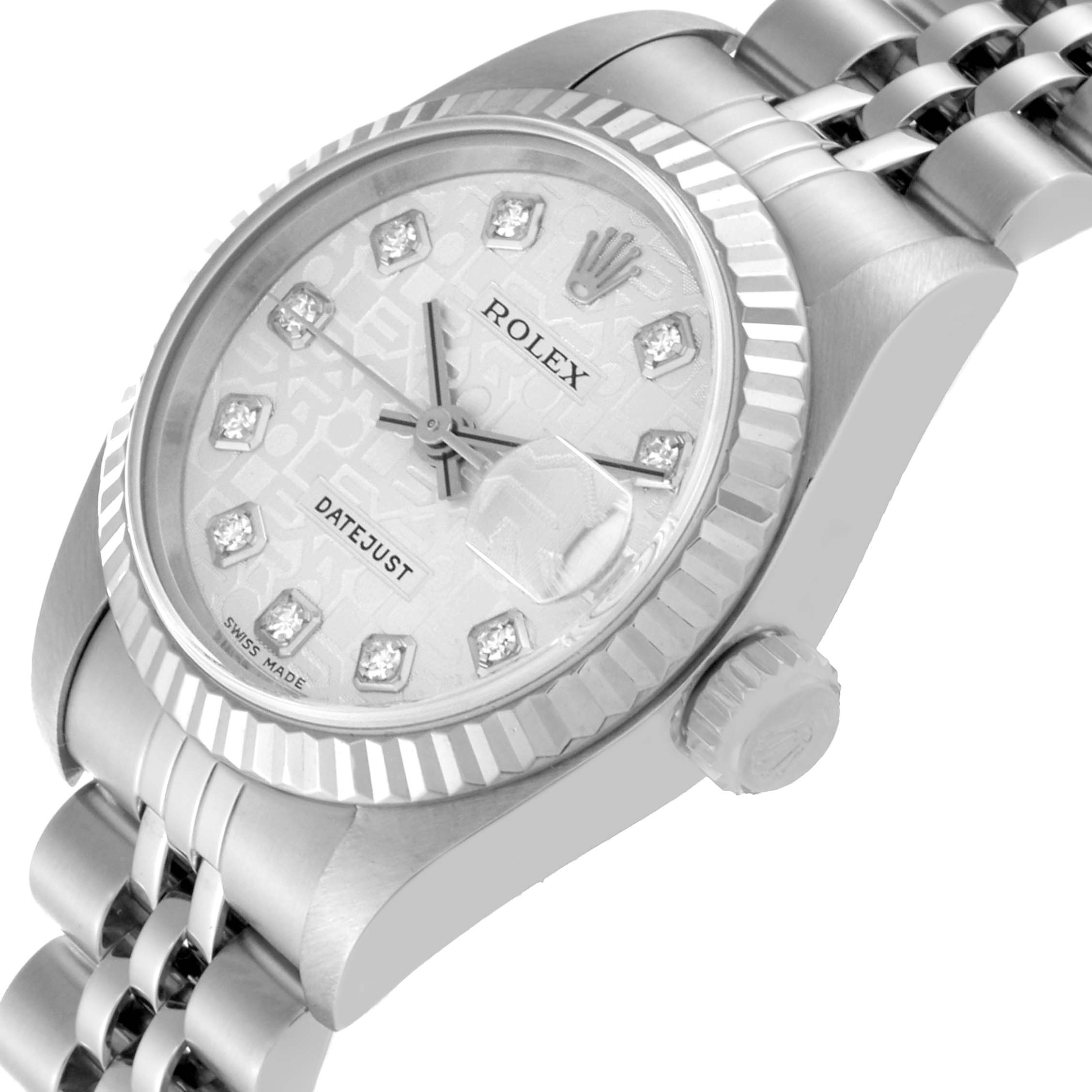 This image shows a Rolex Datejust 79174 Women
s Stainless Steel Silver Dial 79174 Women
s Stainless Steel Silver Dial watch at an angled view, highlighting the dial, bezel, crown, and bracelet.
