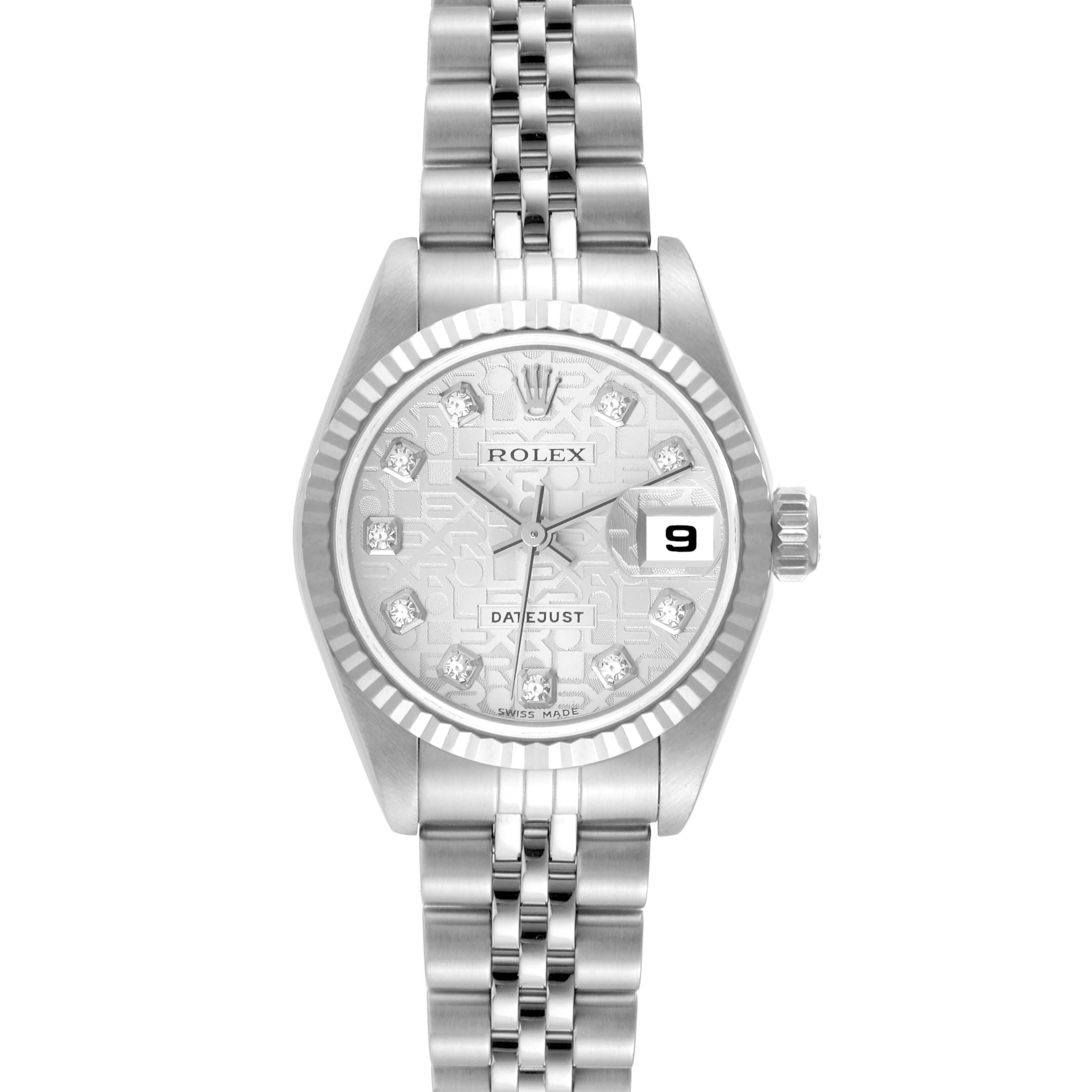 The image shows a frontal view of a Rolex Datejust 79174 Women
s Stainless Steel Silver Dial 79174 Women
s Stainless Steel Silver Dial watch featuring the dial, bezel, hands, bracelet, and the date window.