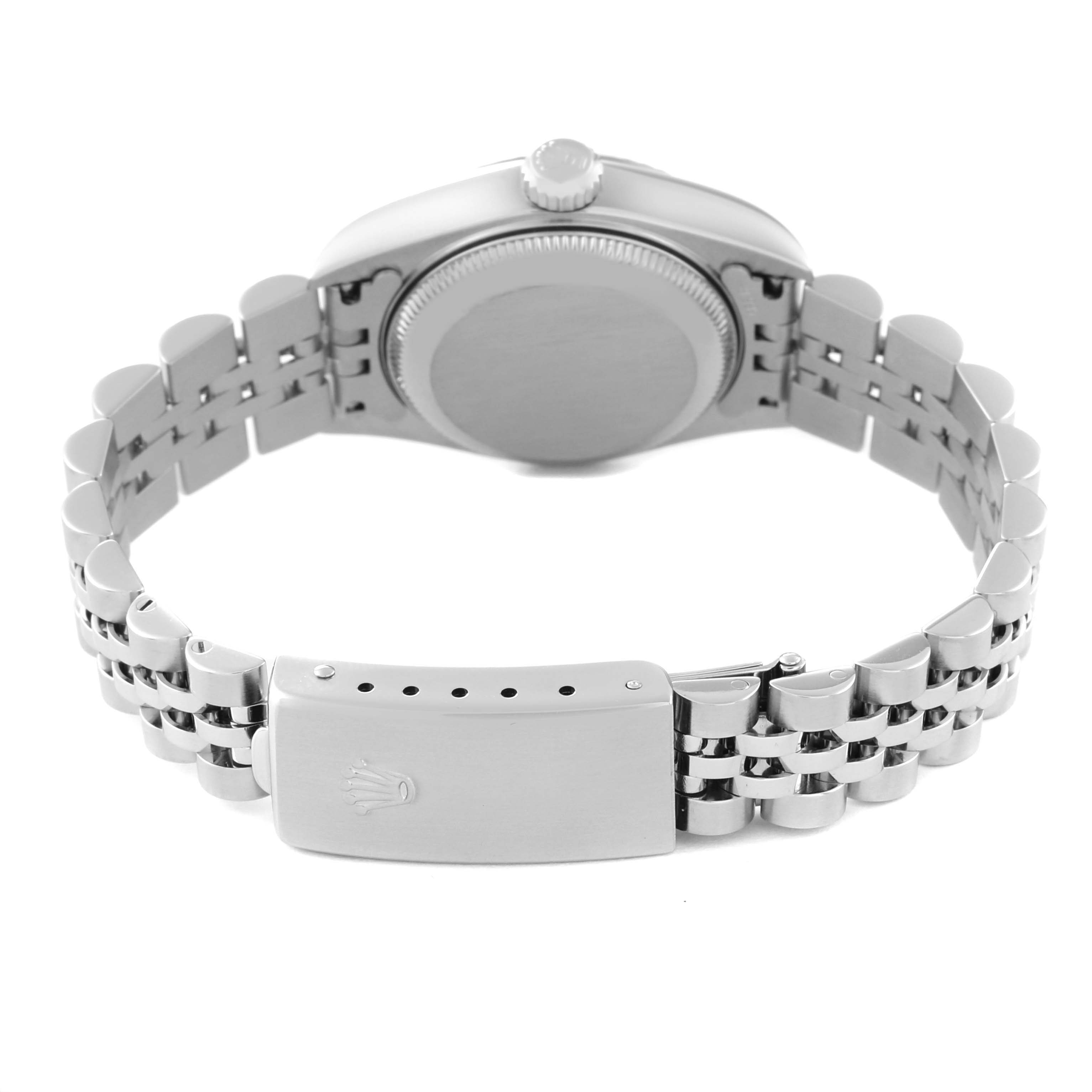 This image shows the back view of the Rolex Datejust 79174 Women
s Stainless Steel Silver Dial 79174 Women
s Stainless Steel Silver Dial watch, focusing on the caseback, crown, and deployment clasp of the bracelet.