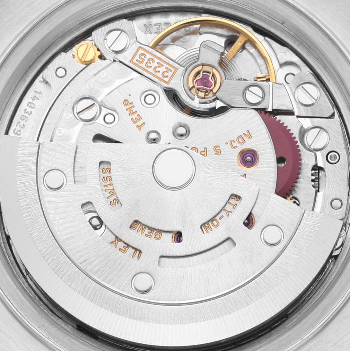 The image shows a close-up view of the movement inside the Rolex Datejust 79174 Women
s Stainless Steel Silver Dial 79174 Women
s Stainless Steel Silver Dial watch.