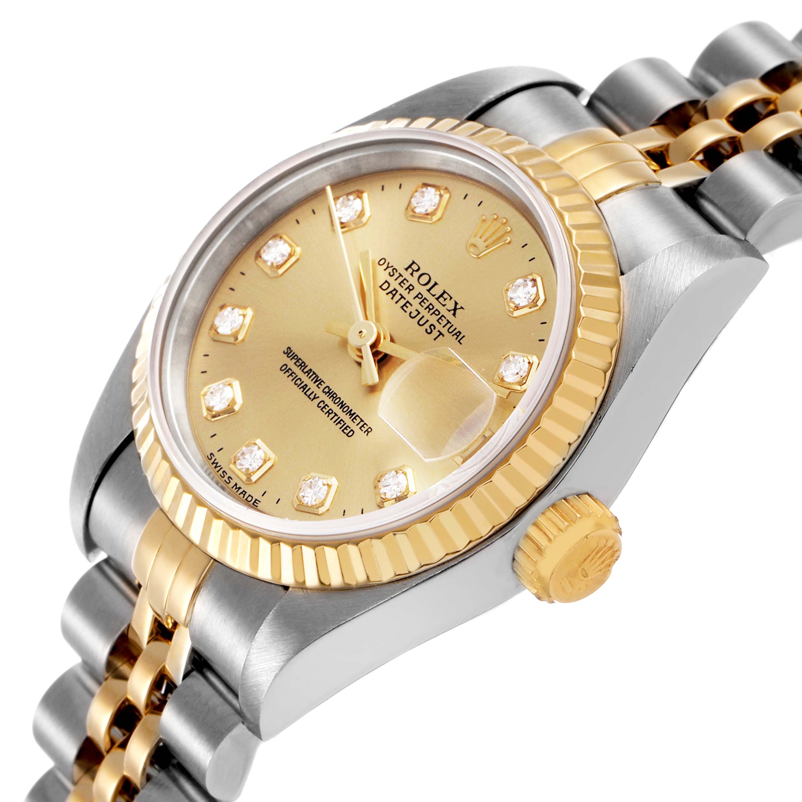 The Rolex Datejust 69173 Women's Stainless Steel Champagne Dial watch is shown at an angled view highlighting the dial, bezel, crown, and partial bracelet.