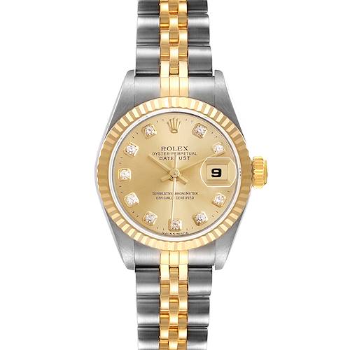 The Rolex Datejust 69173 Women's Stainless Steel Champagne Dial watch is shown from a top view, displaying the dial, bracelet, and fluted bezel.