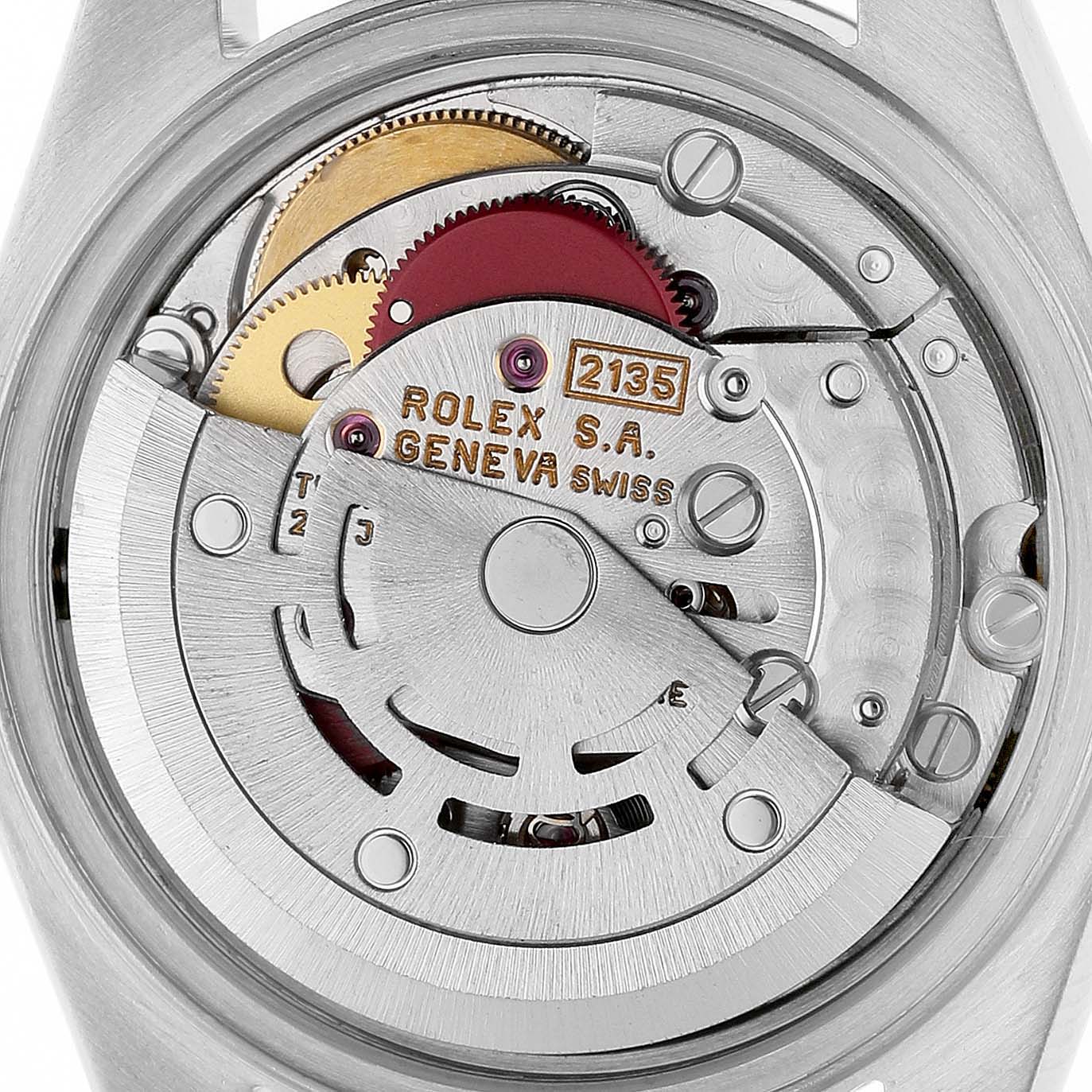The image shows the movement of a Rolex Datejust 69173 Women's Stainless Steel Champagne Dial, displaying gears, rotors, and engravings from the back.