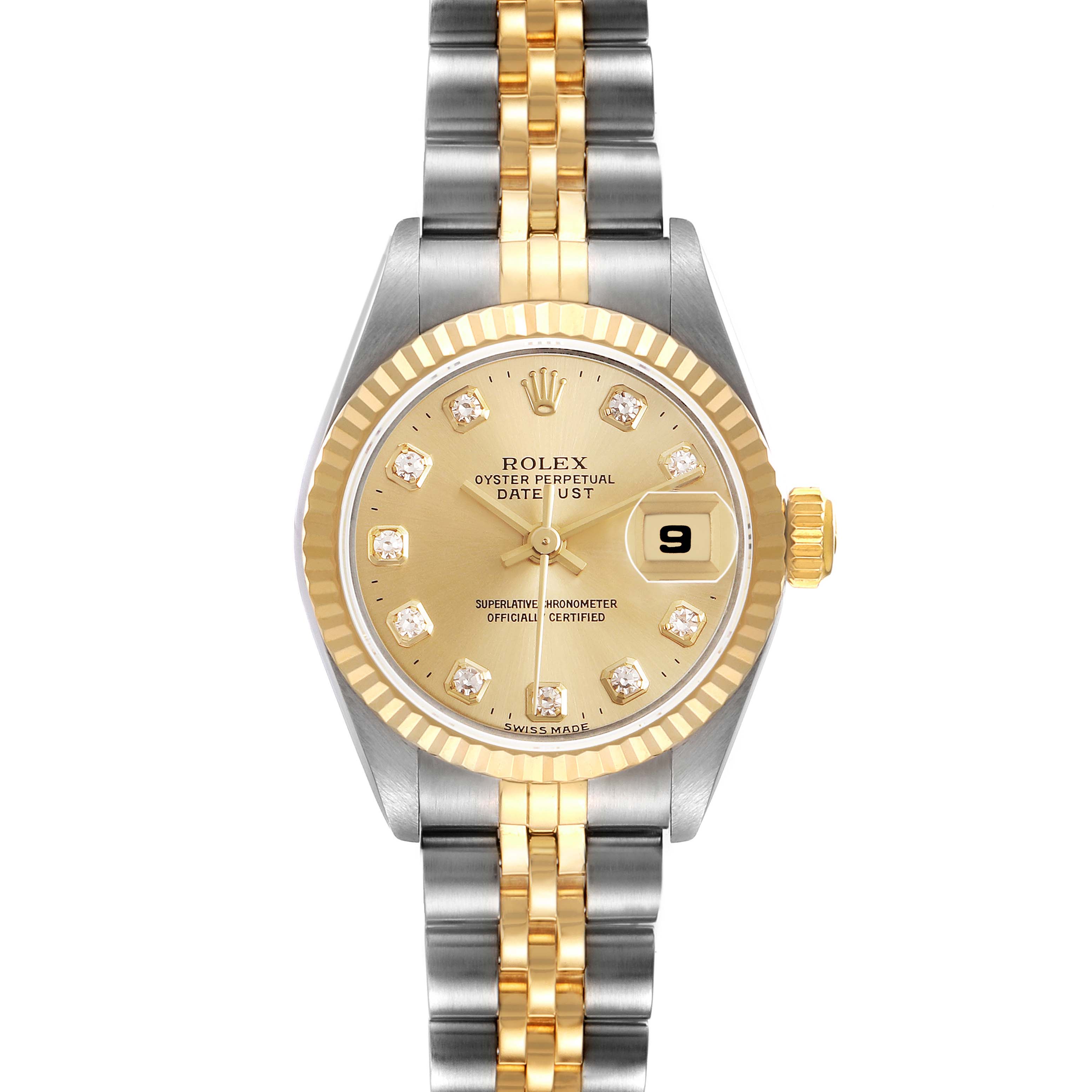 The Rolex Datejust 69173 Women's Stainless Steel Champagne Dial watch is shown from a front angle, displaying the dial, bezel, case, bracelet, and crown.