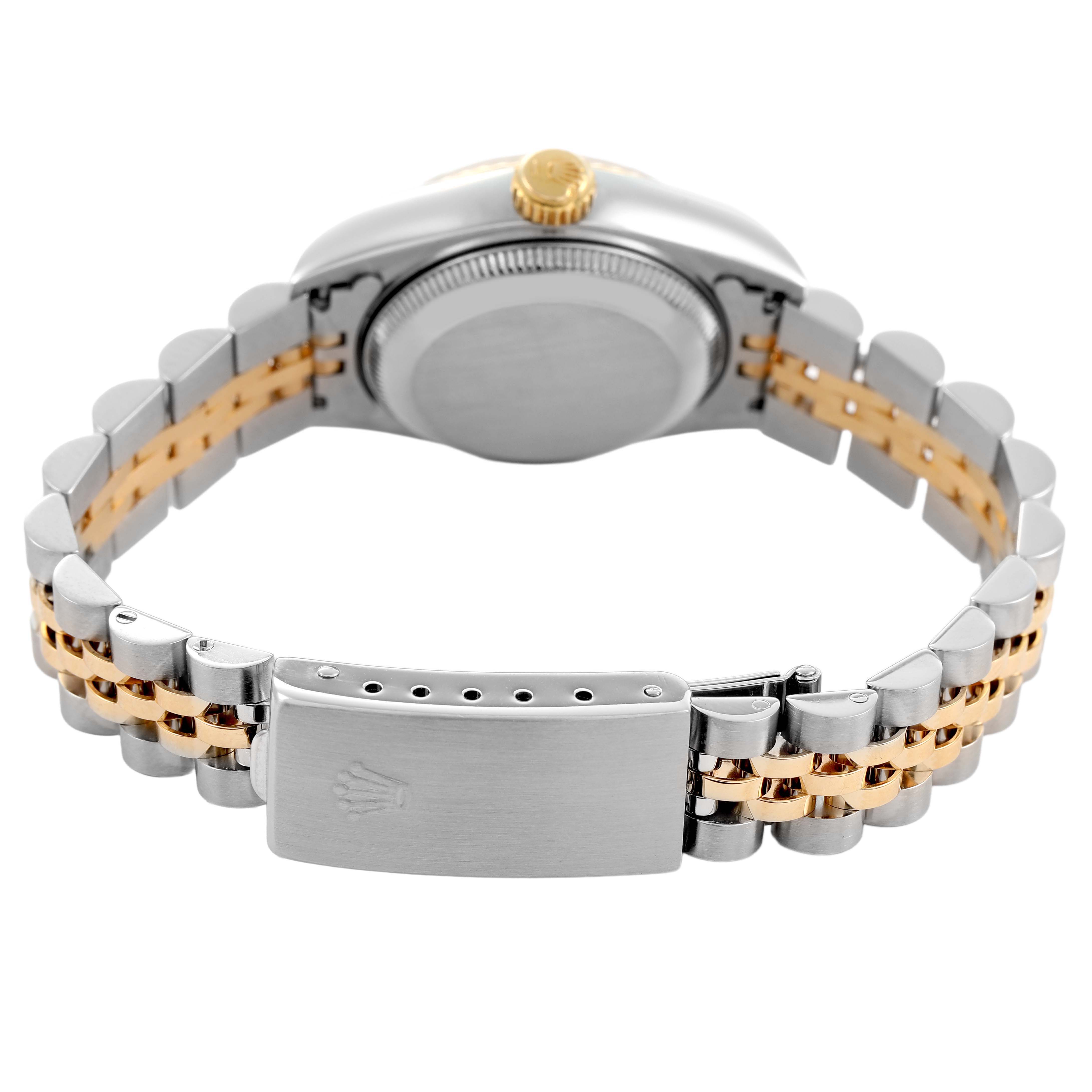 The image shows the back of a Rolex Datejust 69173 Women's Stainless Steel Champagne Dial watch, featuring its case back, crown, and two-tone Jubilee bracelet with a clasp.
