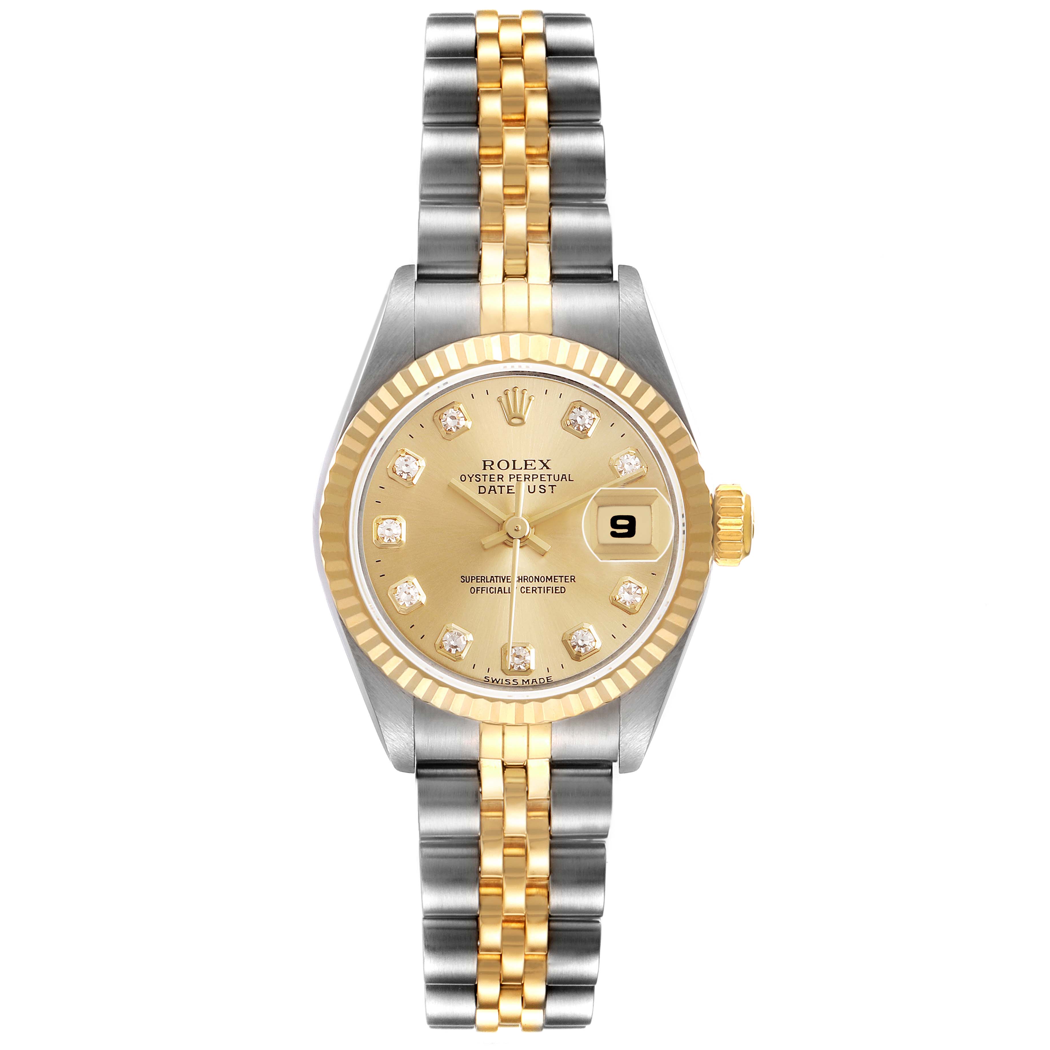 The Rolex Datejust 69173 Women's Stainless Steel Champagne Dial is shown from the front, highlighting its two-tone bracelet, gold bezel, and diamond-accented champagne dial.